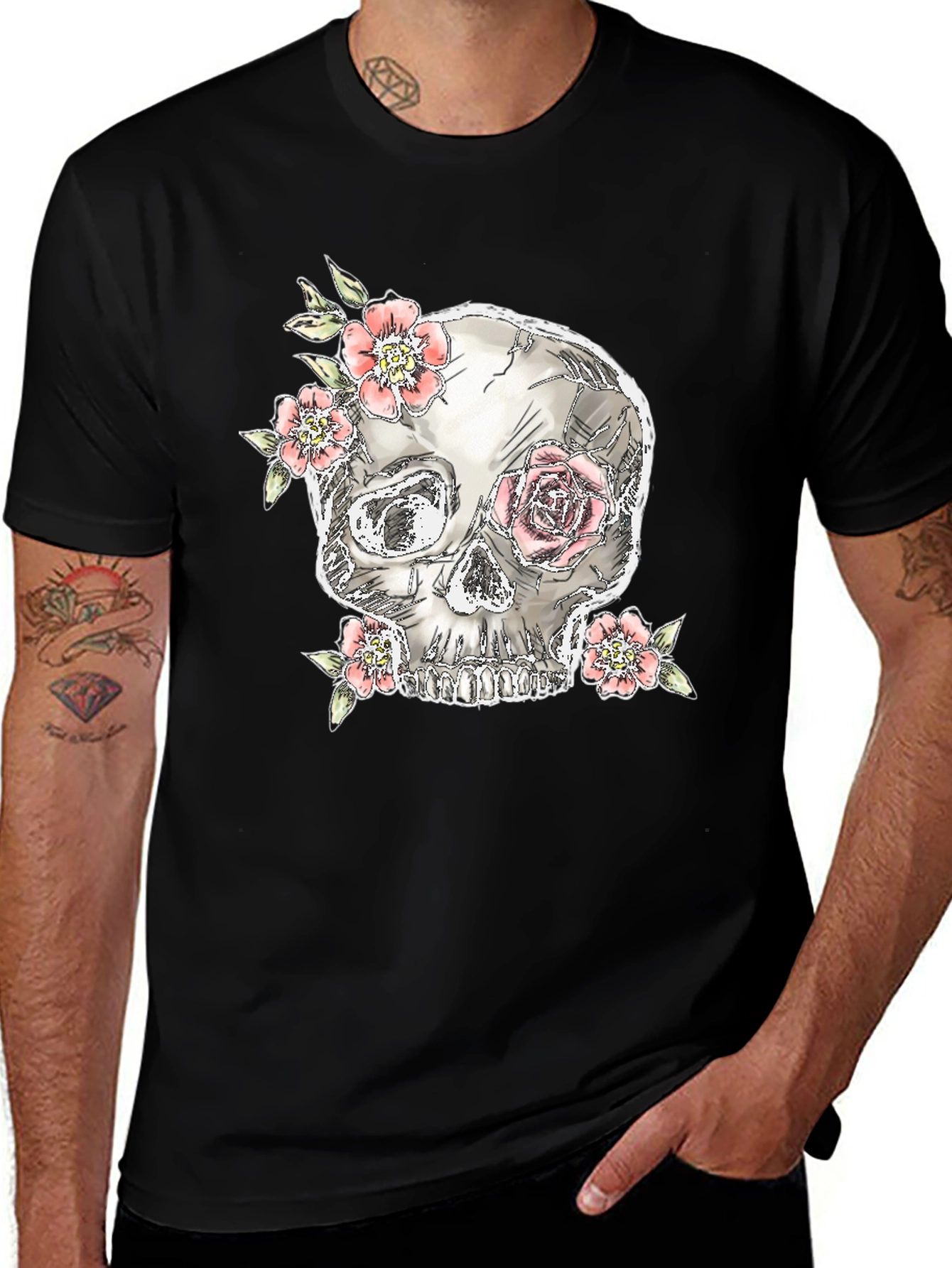 Variant 8 of Skull & Flowers Graphic Tee - Black T-Shirt