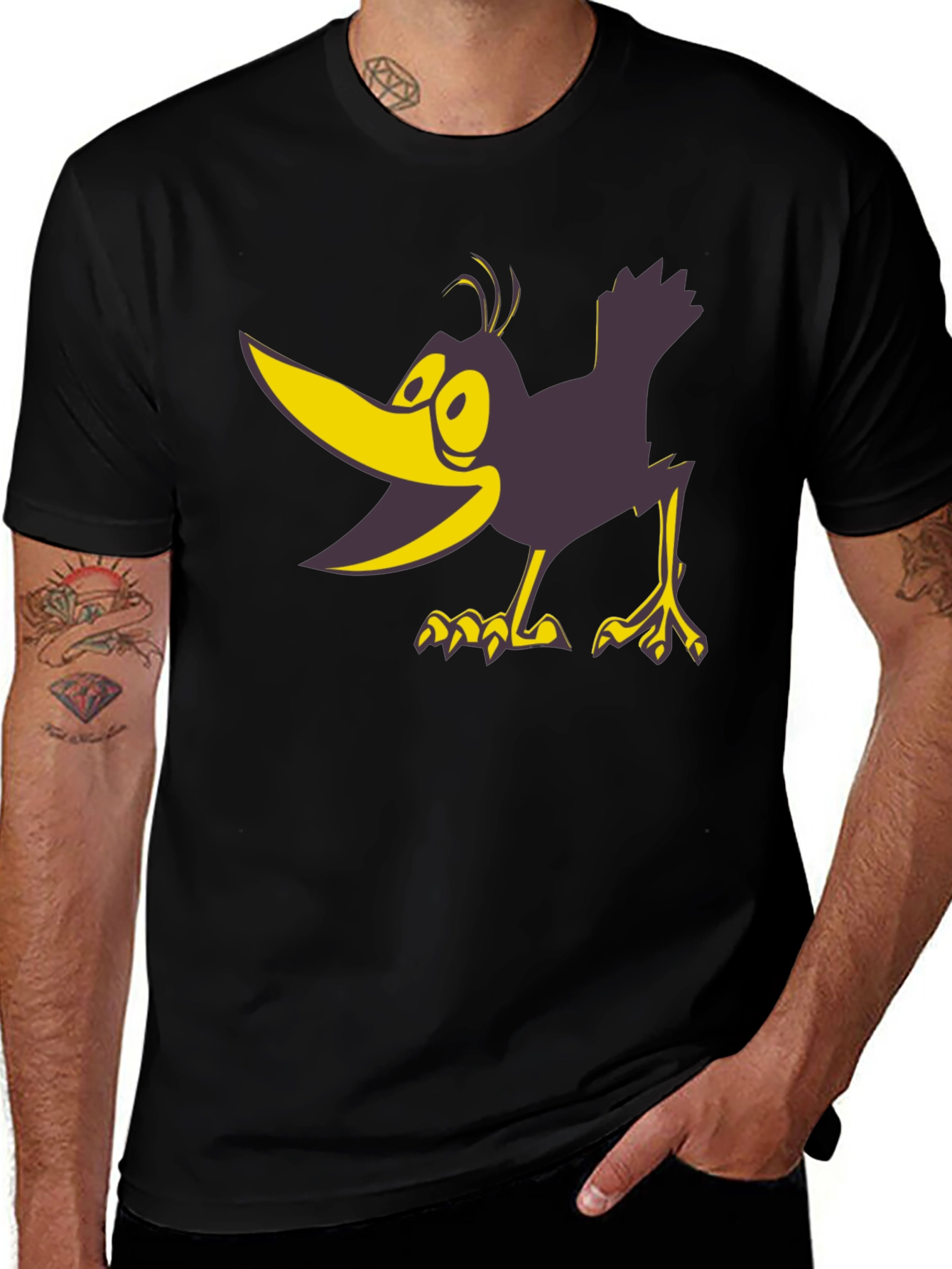 Variant 3 of Cartoon Crow Graphic Tee - Bold Black Cotton T-Shirt
