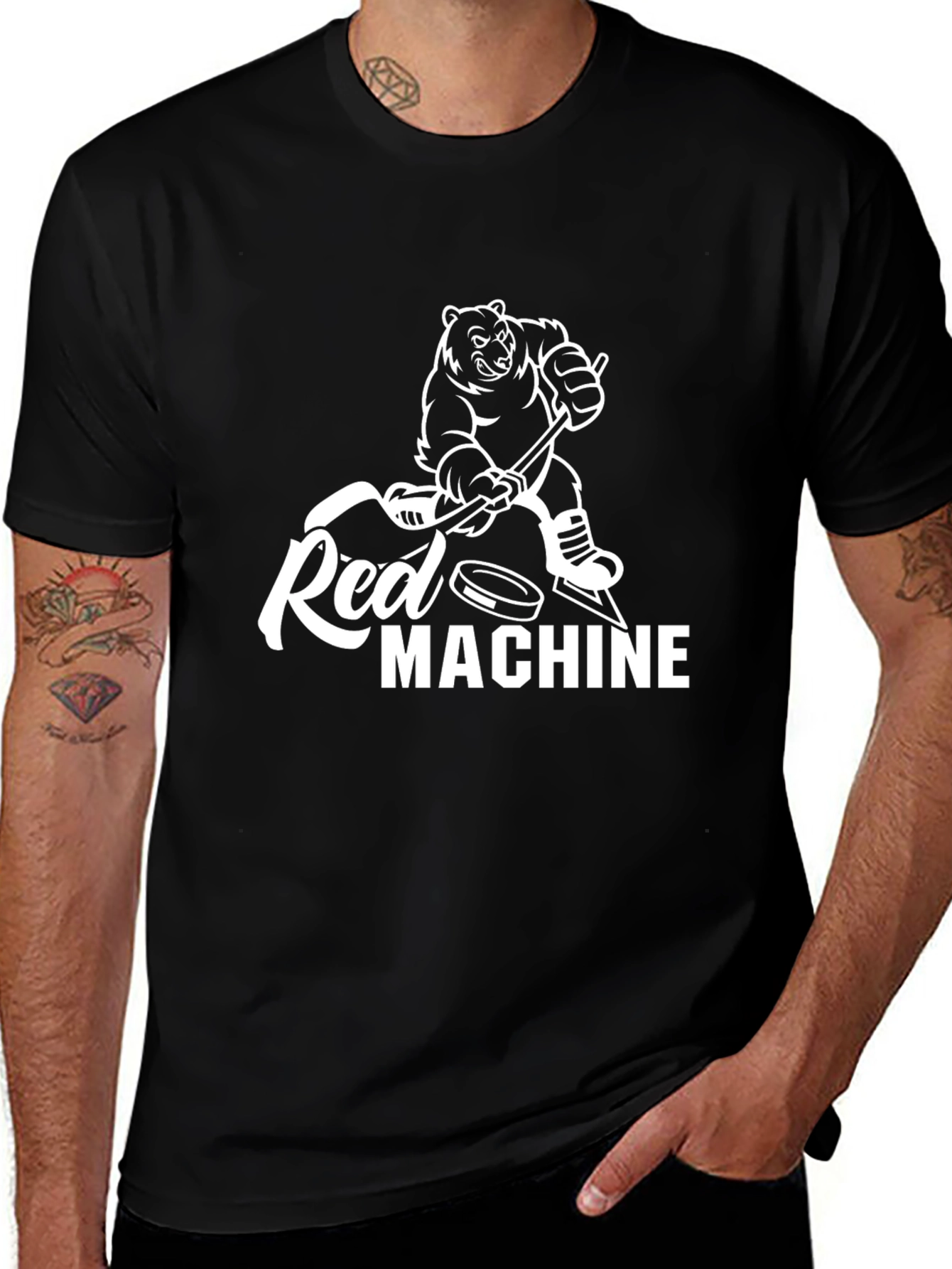 Variant 22 of Red Machine Hockey Bear Graphic Tee - Black Cotton Shirt
