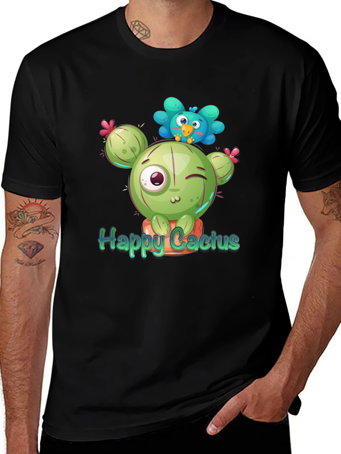 Happy Cactus Graphic Tee - Whimsical Black T-Shirt