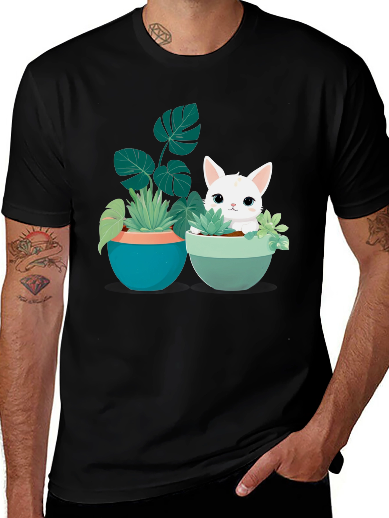 Variant 10 of Cute Cat and Plants Graphic Black T-Shirt