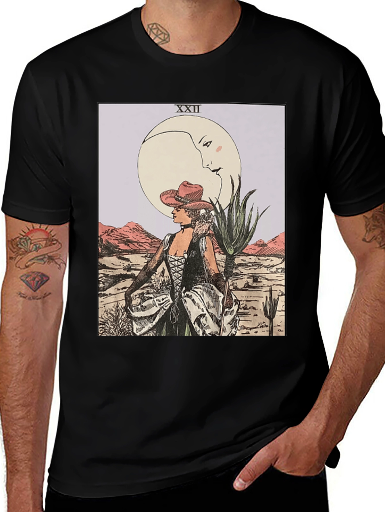 Moon Tarot Card Graphic T-Shirt - Desert Cowgirl Design