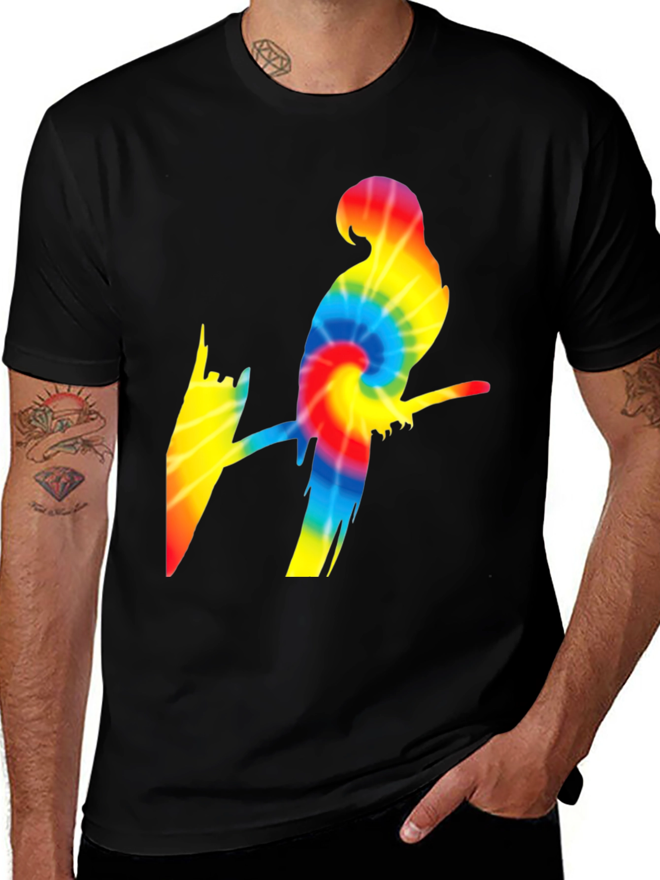 Tie Dye Parrot Graphic Tee - Black Cotton Casual T-Shirt