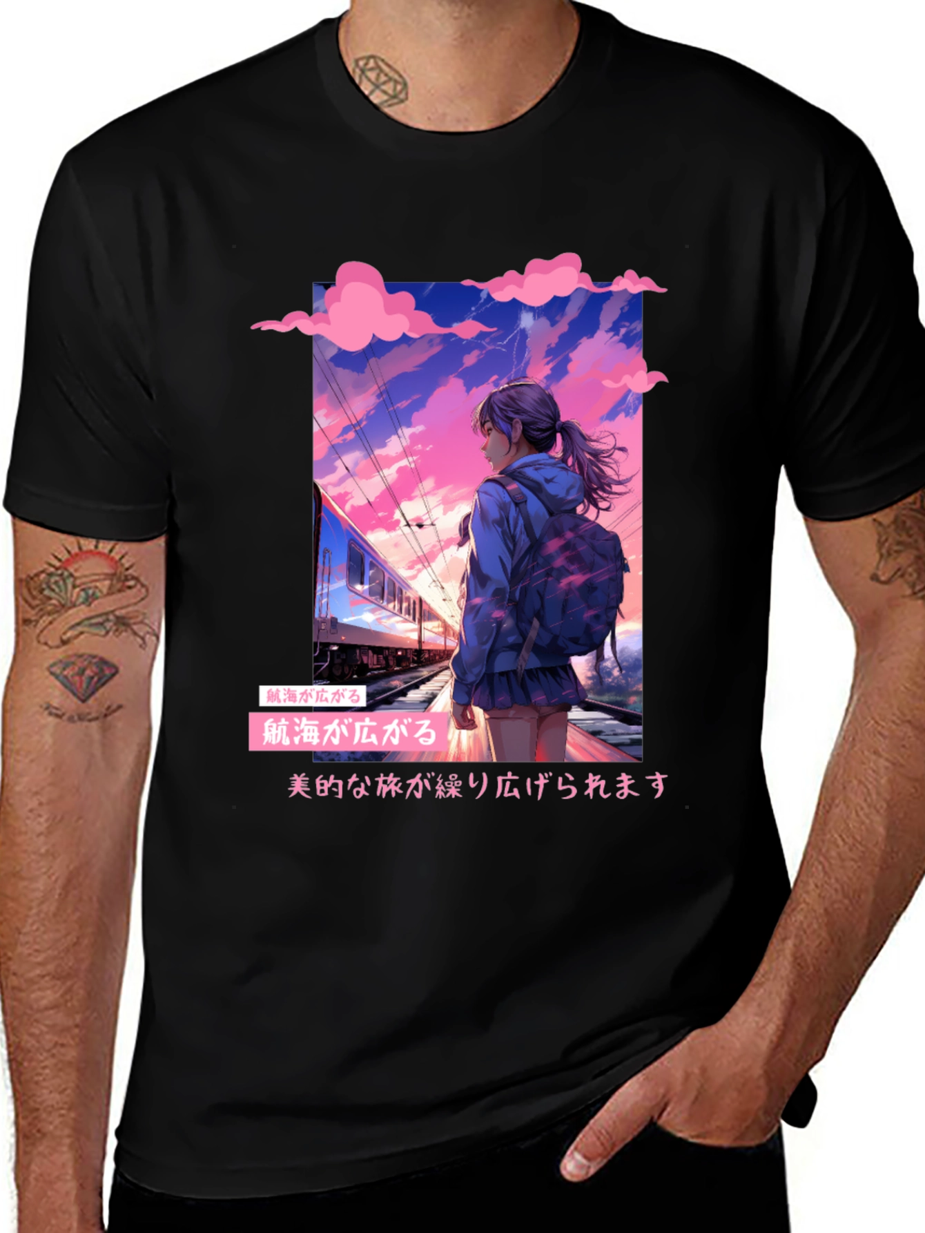 Anime Girl at Train Station Graphic Tee