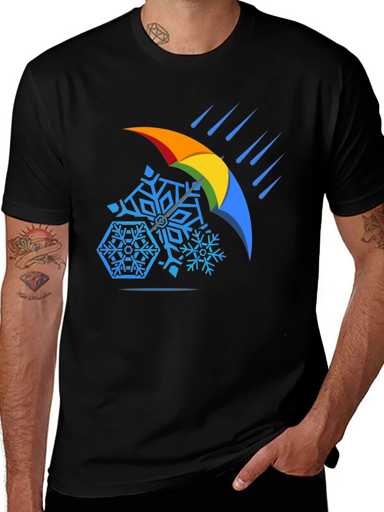 Variant 2 of Weather Shield Tee - Snowflakes Under Rainbow Umbrella