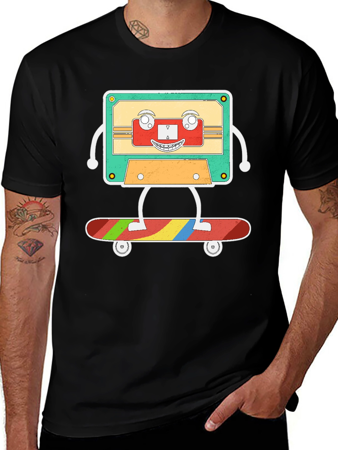 Retro Cassette Skateboarder Black T-Shirt