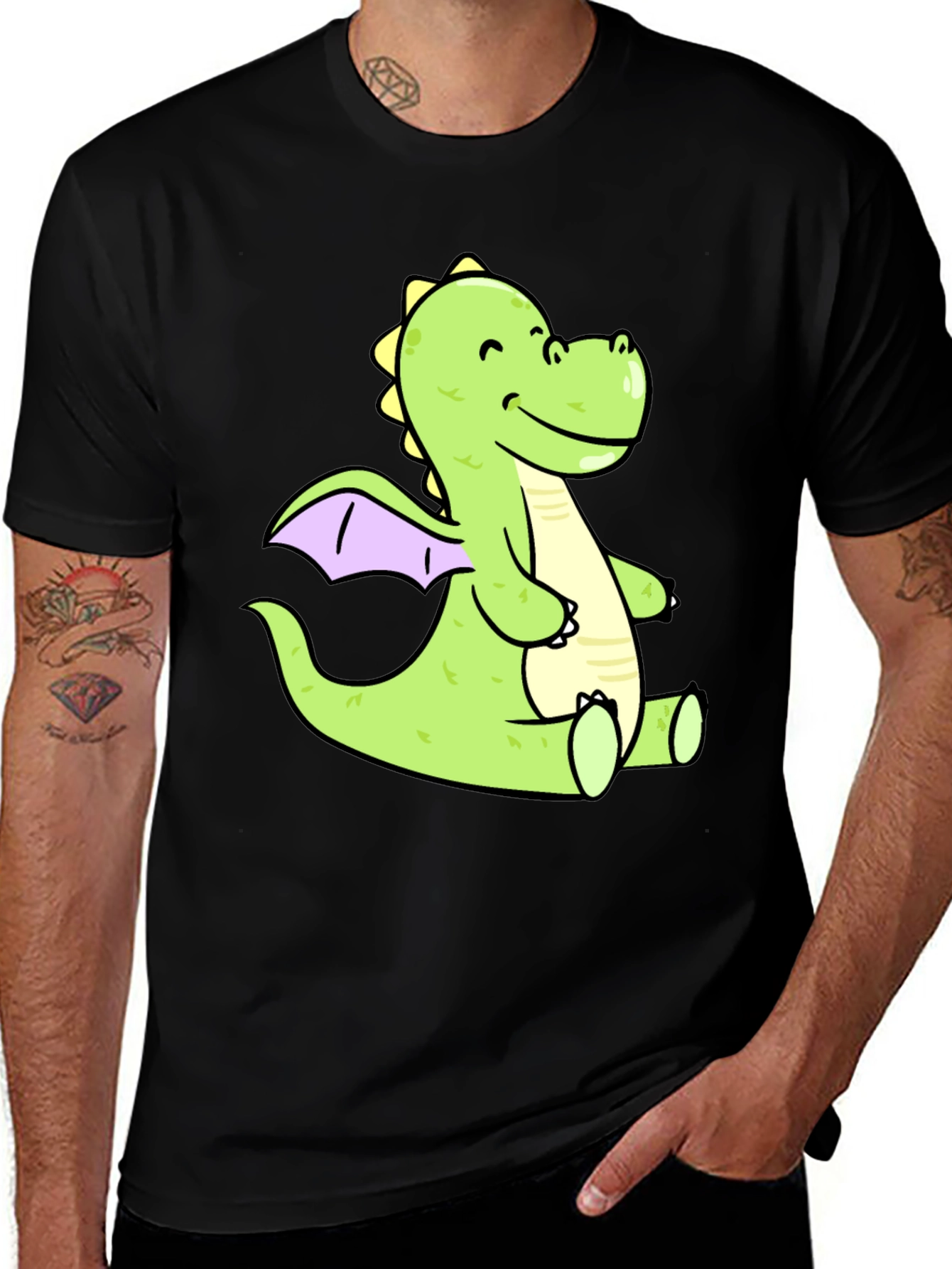 Cute Cartoon Dragon Graphic Tee - Black