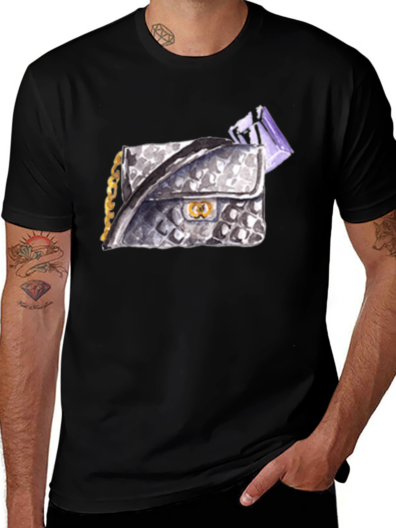 Variant 9 of Stylish Black T-Shirt with Watercolor Handbag Print