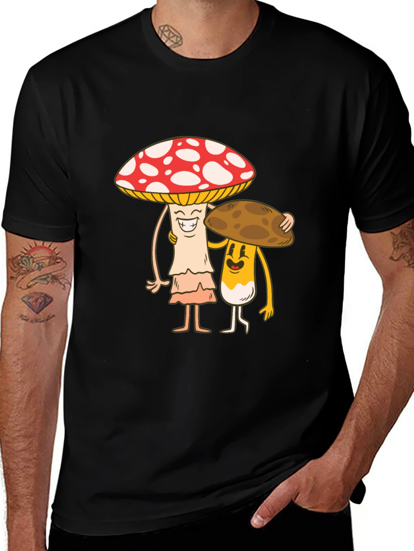 Variant 9 of Cute Mushroom Friends Graphic Tee - Black Cotton Blend T-Shirt