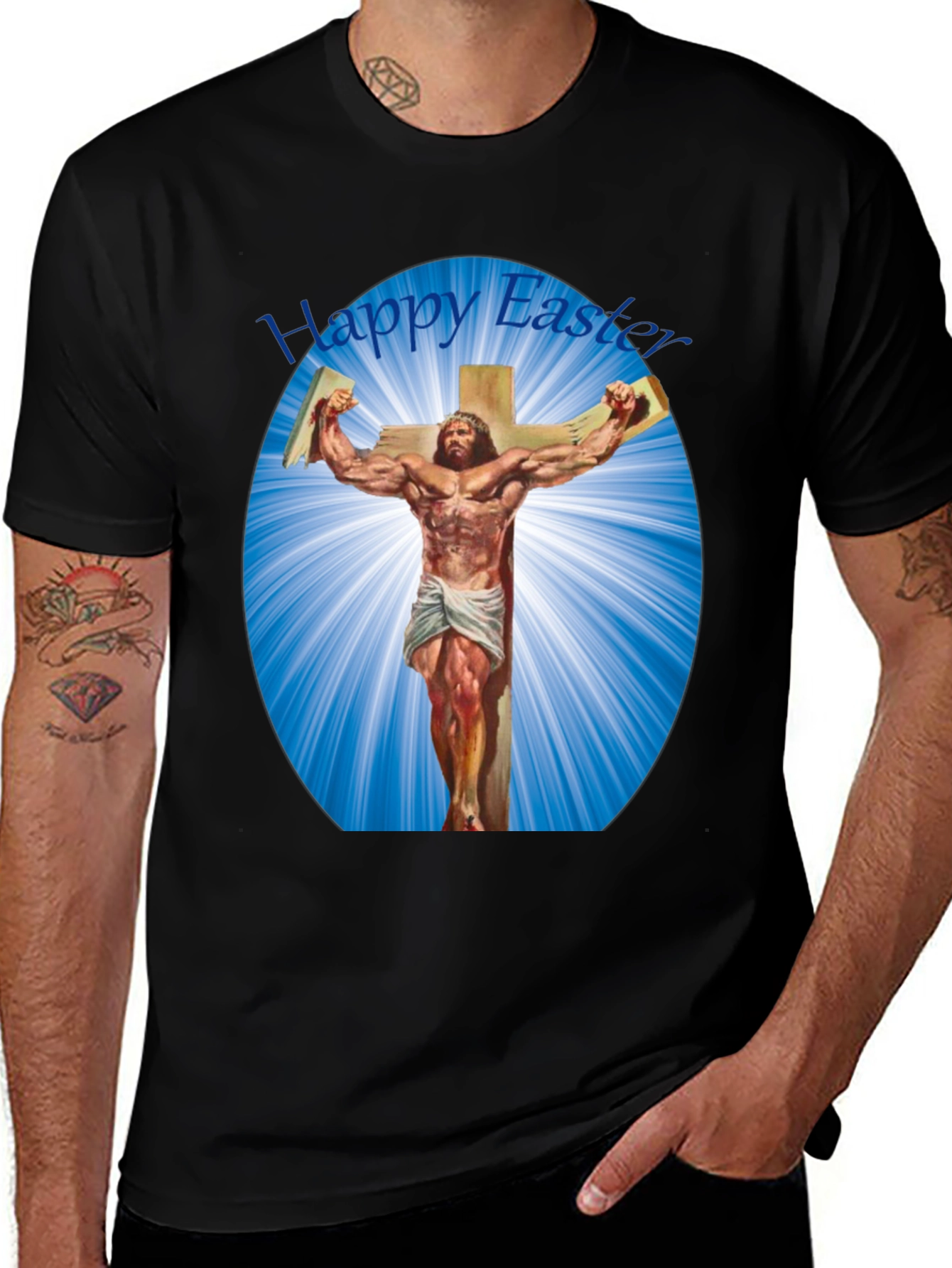 Happy Easter Shirt - Muscular Jesus on Cross Design