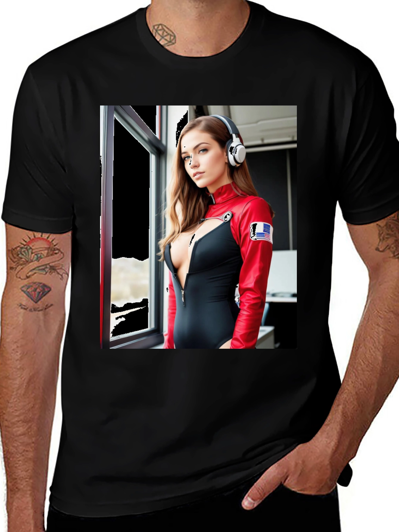 Black Black T-Shirt with Futuristic Woman Graphic main image
