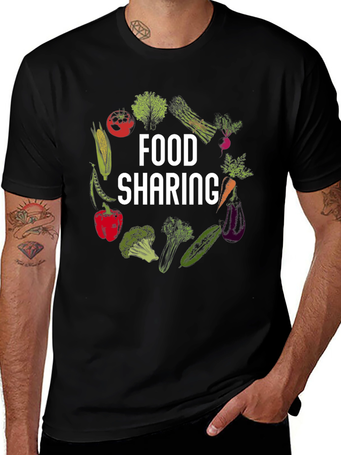 Food Sharing Graphic Tee, Vegetable Design Shirt