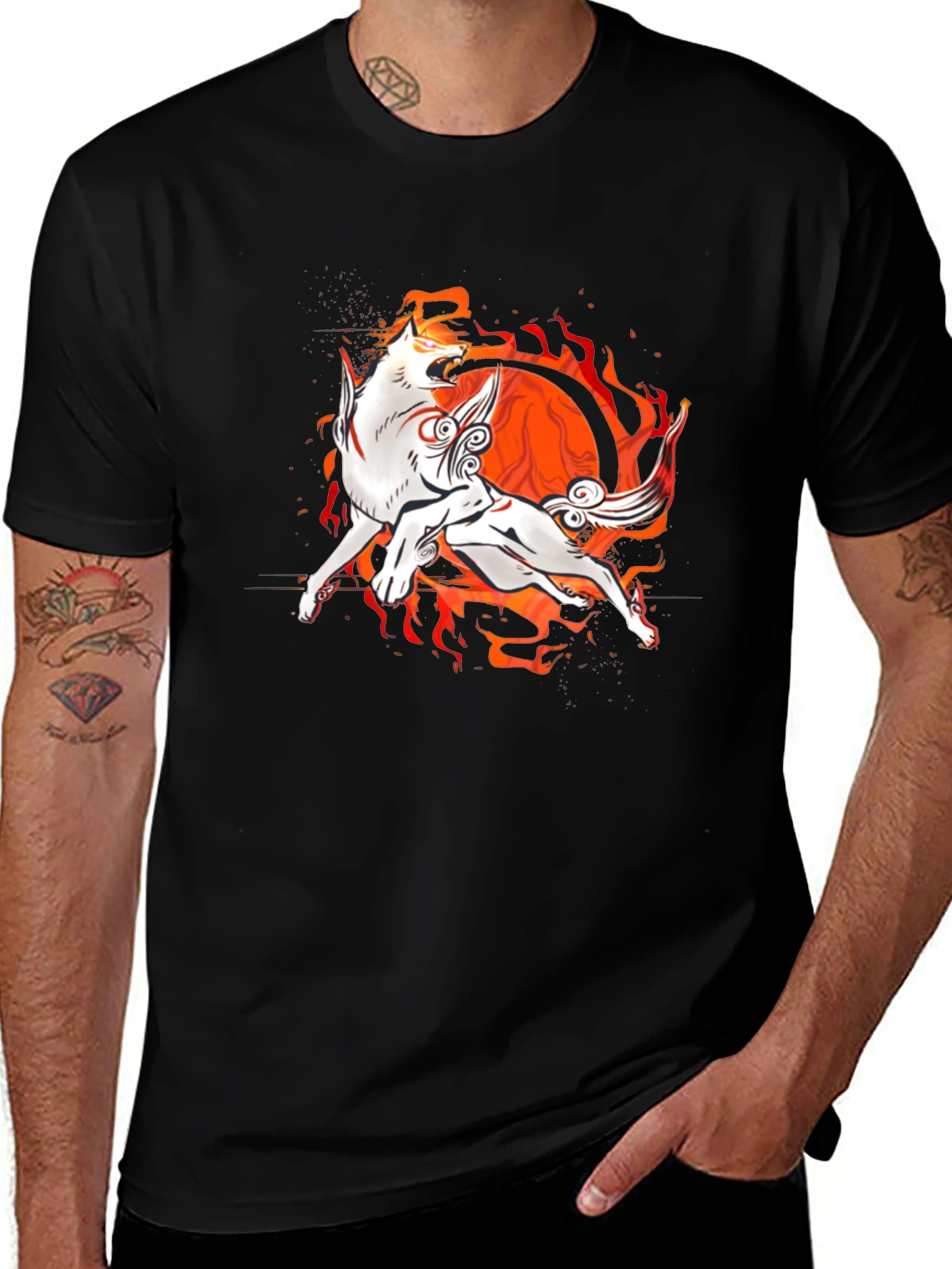 Okami Inspired Graphic Tee - Fire Wolf Design
