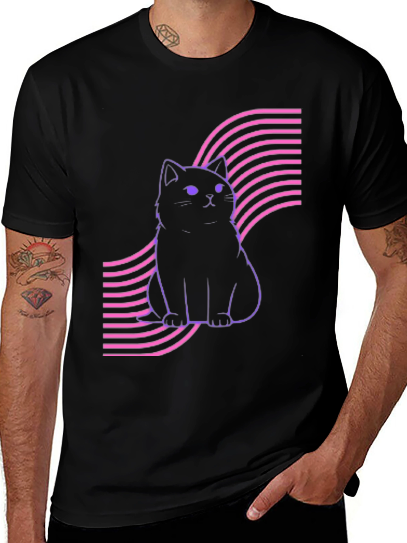 Variant 27 of Retro Cat Graphic Tee - Black Cotton Comfort