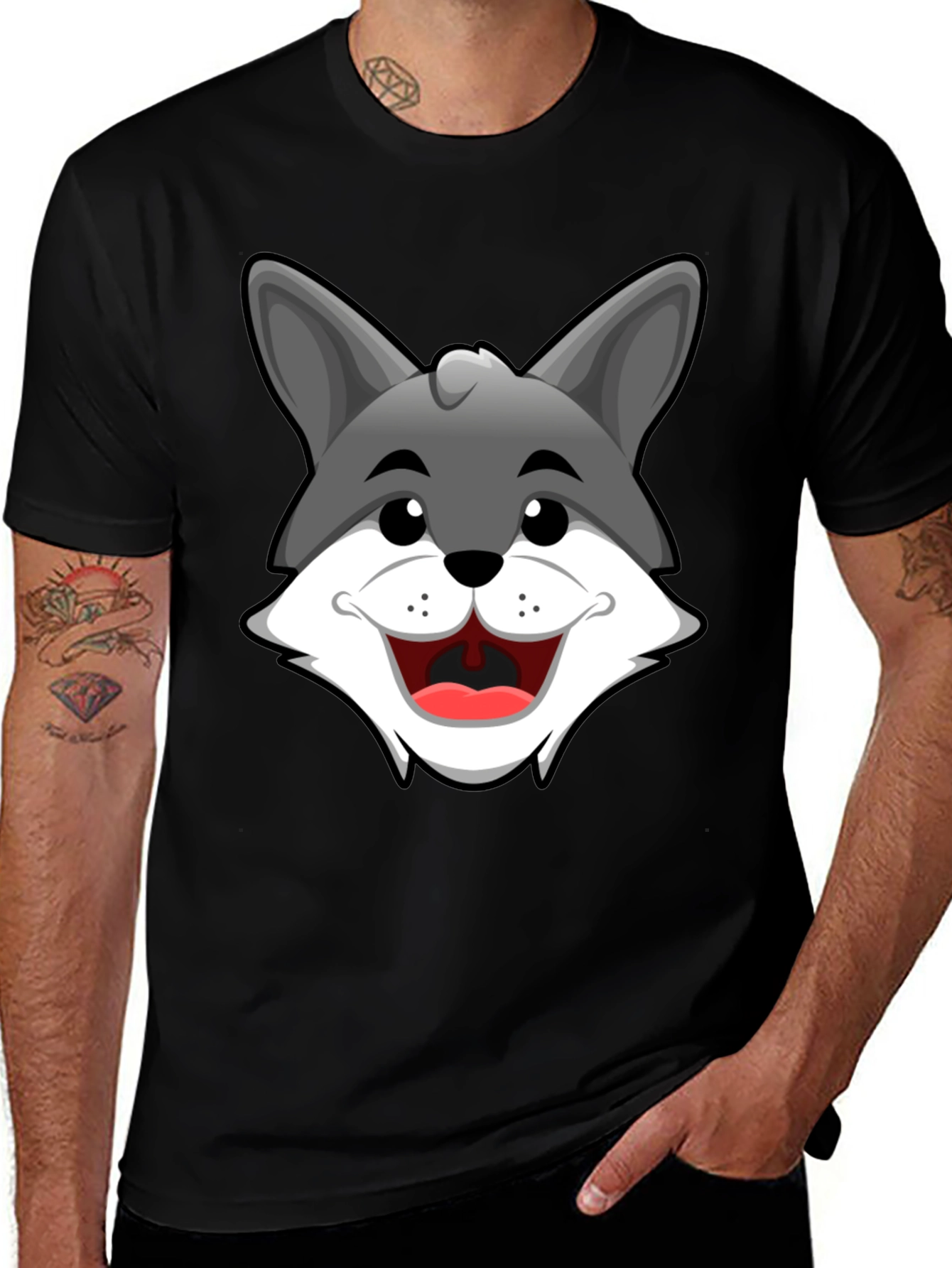 Variant 13 of Cartoon Wolf Graphic T-Shirt - Black Cotton Tee