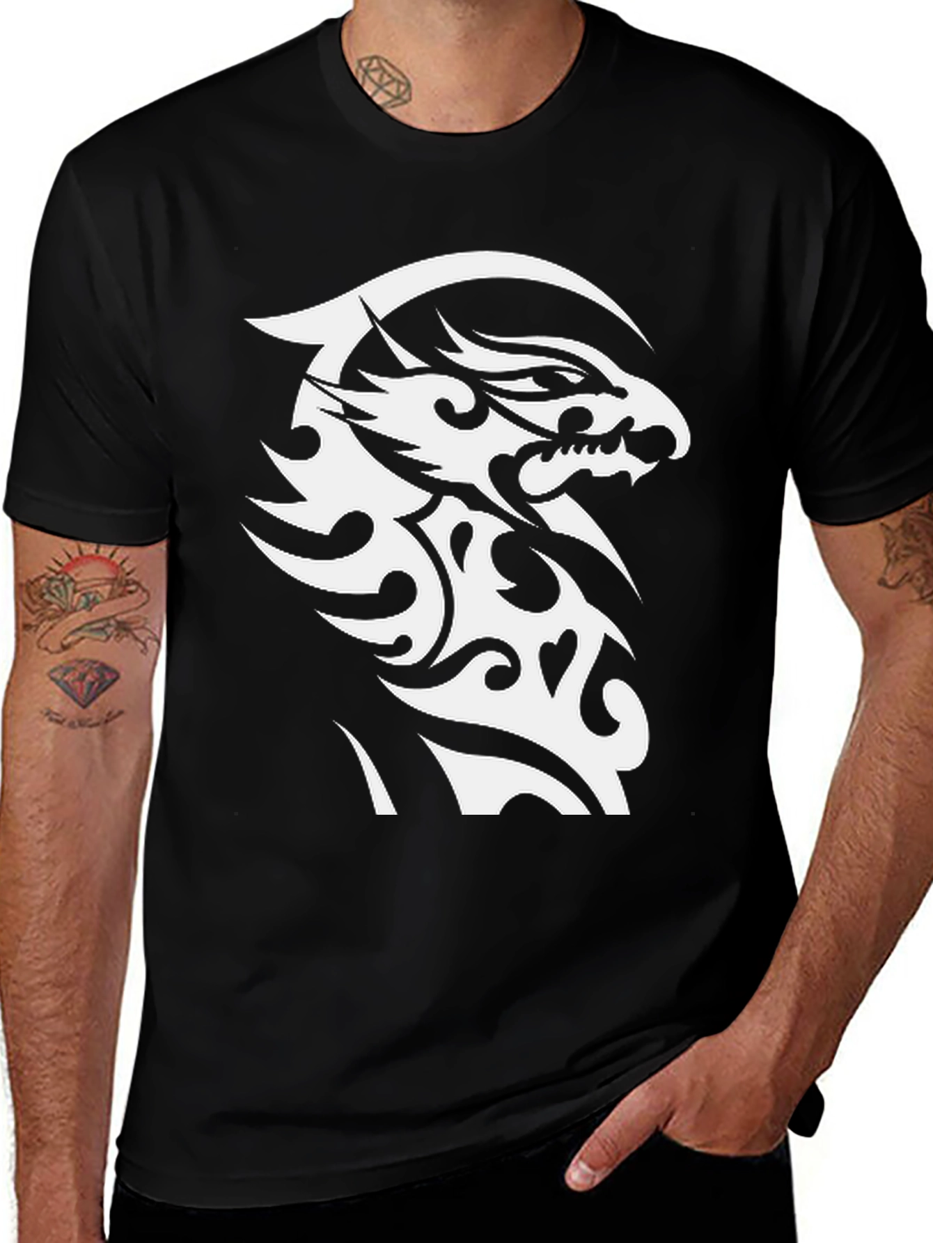Variant 11 of Tribal Dragon Graphic Tee - Black Cotton
