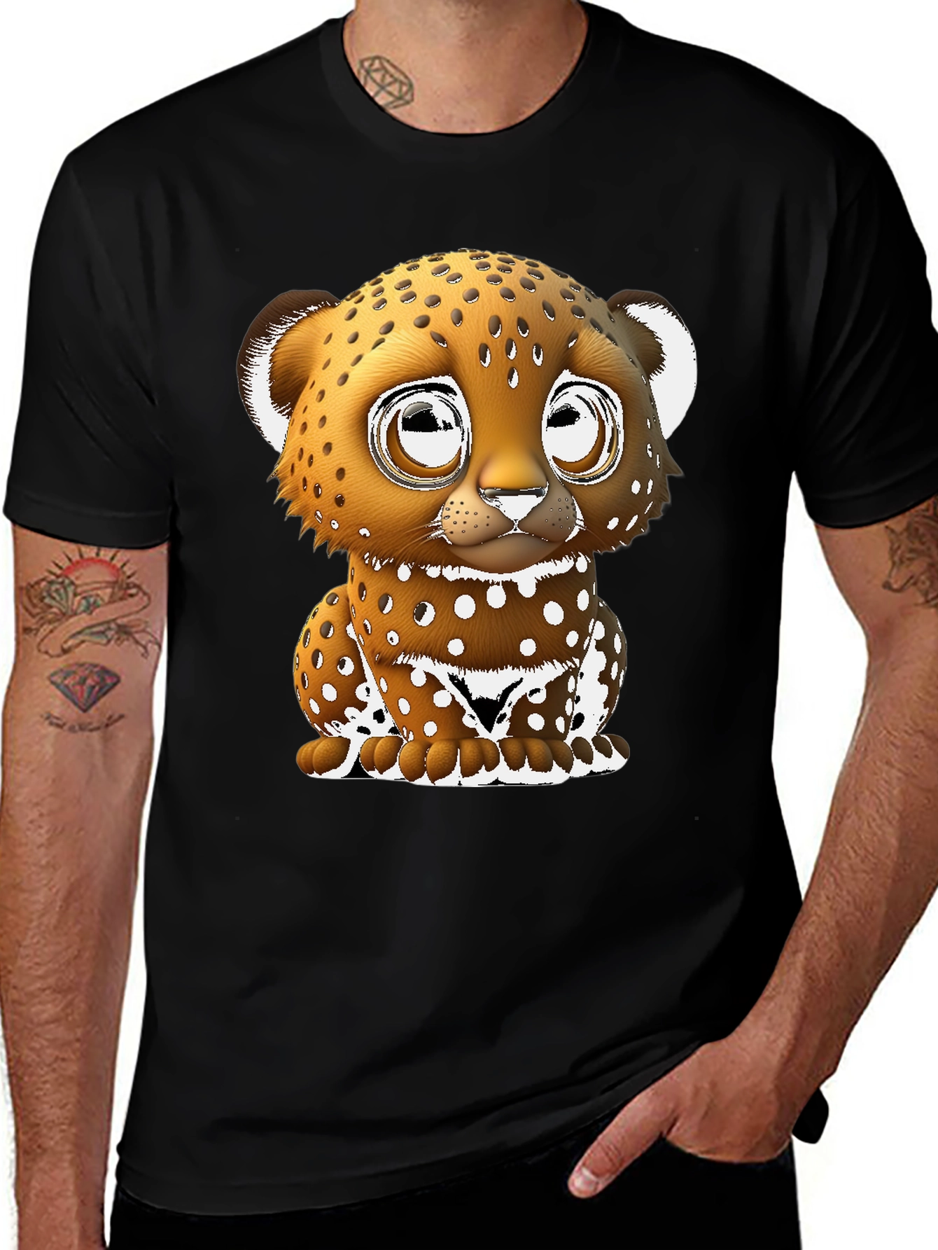 Variant 15 of Cute Cartoon Leopard Graphic Tee - Black Cotton Blend
