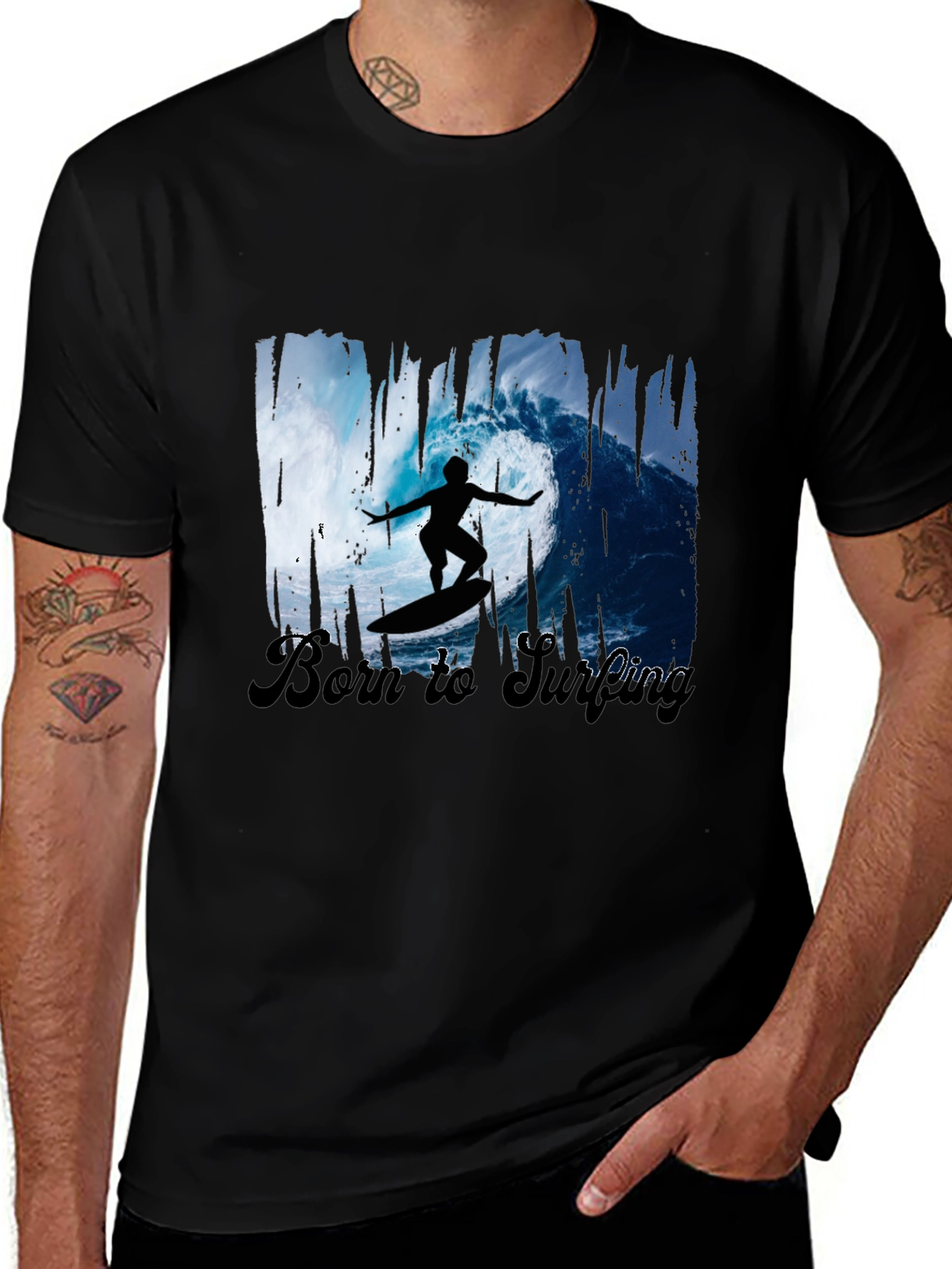 Variant 7 of Born to Surf Black Graphic T-Shirt - Surfer Design