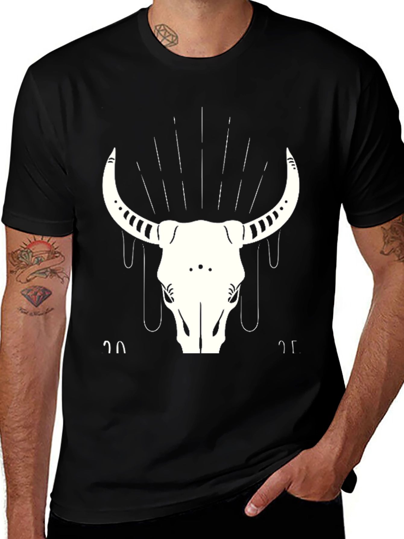 Variant 25 of Black T-Shirt with White Bull Skull Graphic