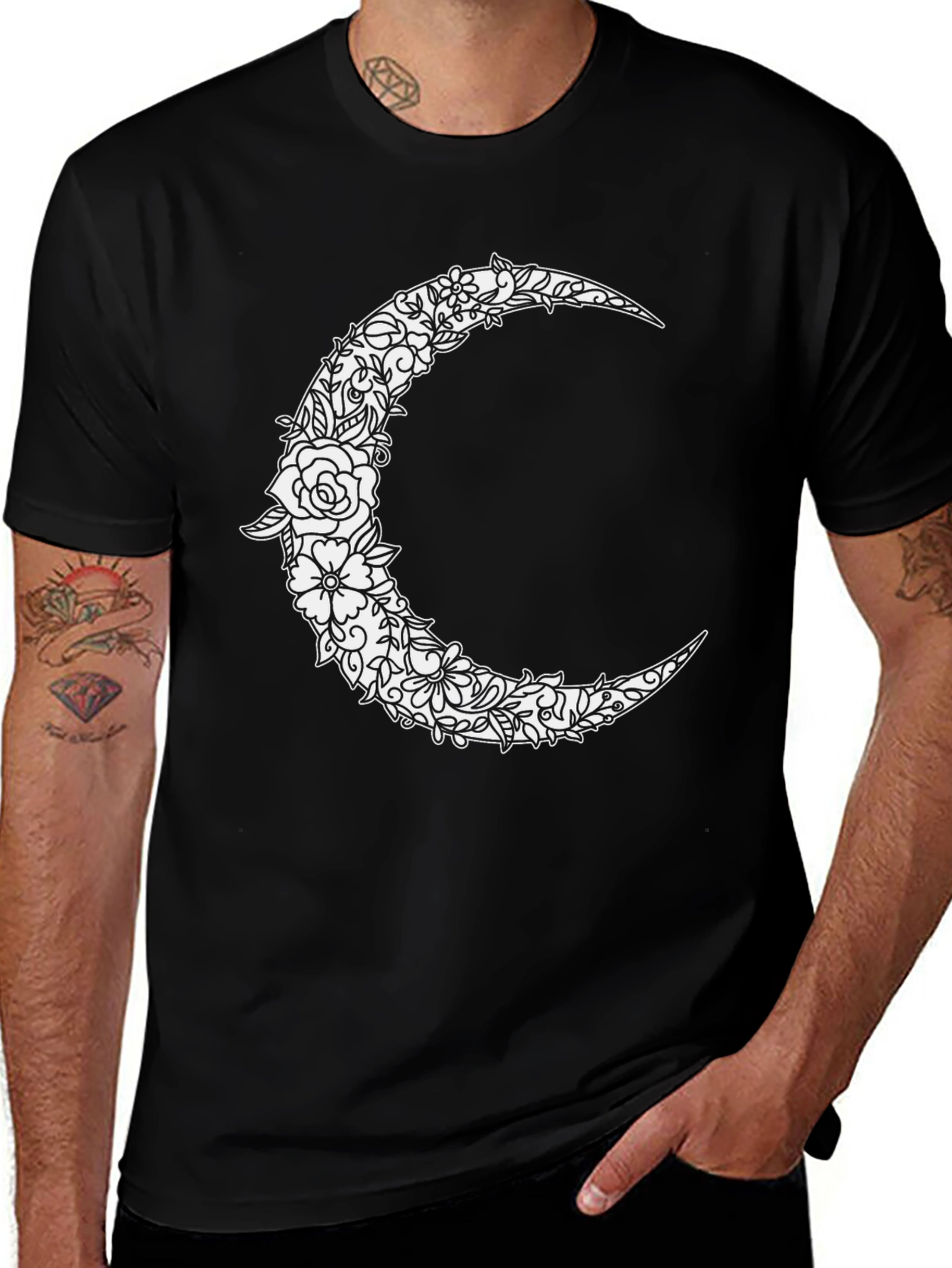 Variant 21 of Floral Crescent Moon Graphic Tee - Stylish Black T-Shirt