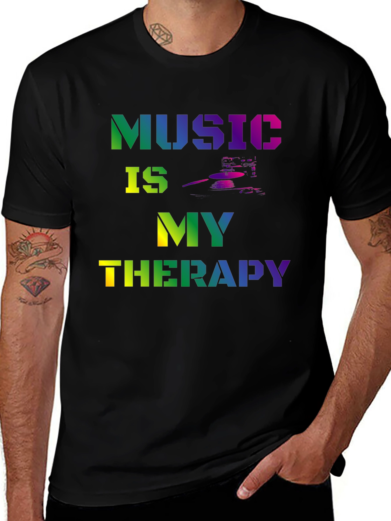 Variant 17 of Music is My Therapy Graphic Tee - Black T-Shirt