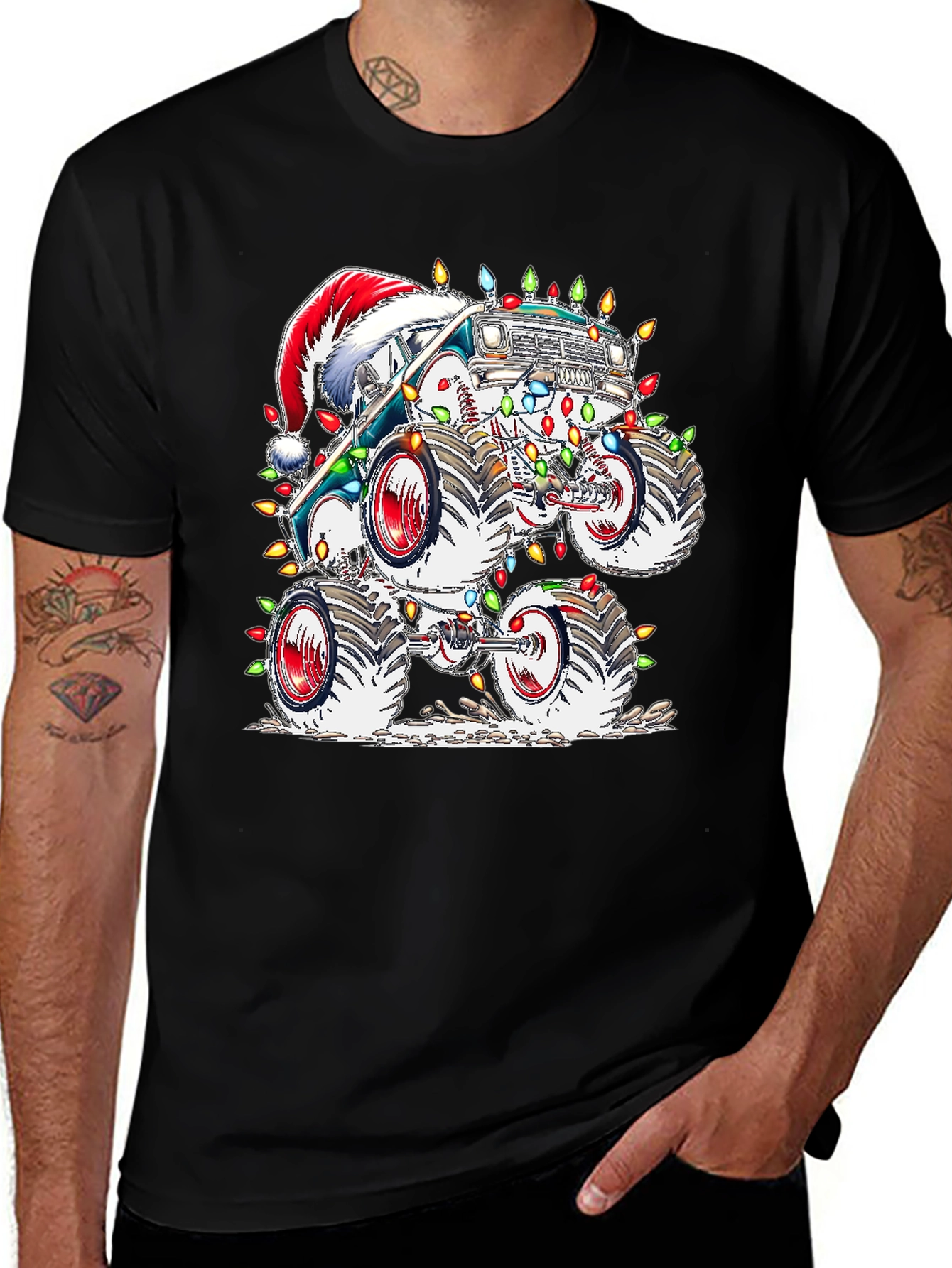 Black Festive Monster Truck Christmas T-Shirt main image
