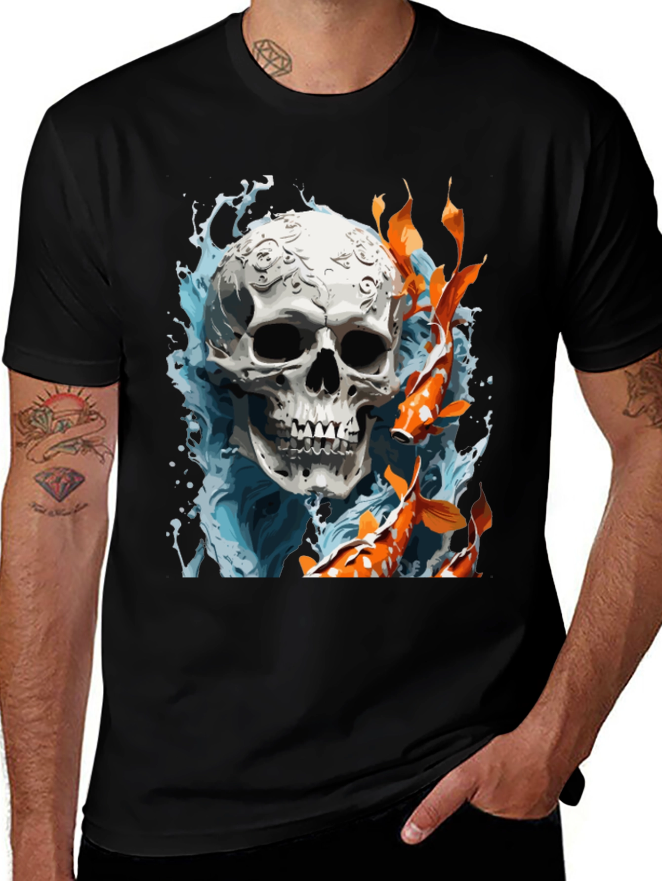 Variant 3 of Skull & Koi Fish Graphic T-Shirt