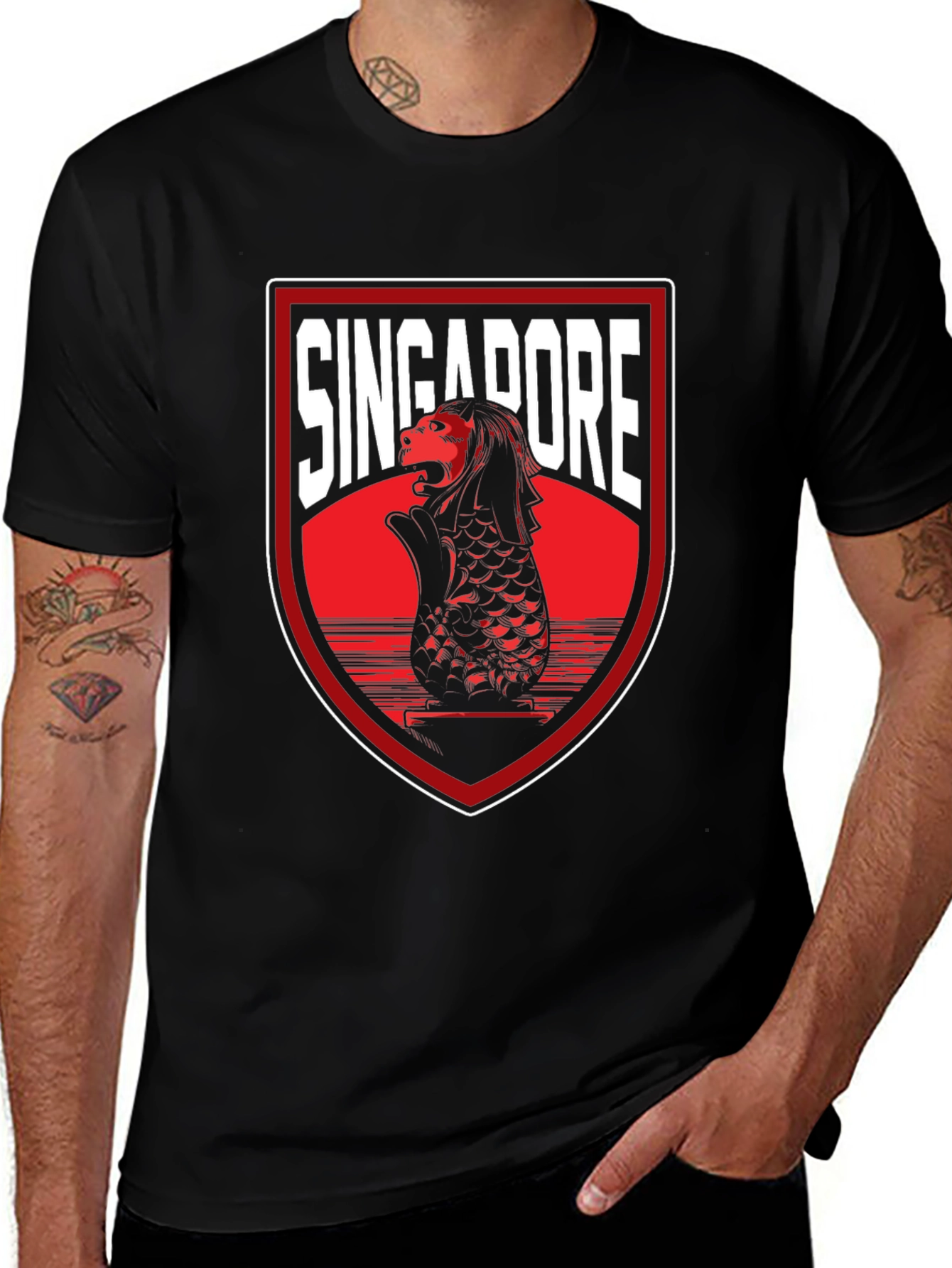 Singapore Merlion Graphic Tee - Black Cotton T-Shirt