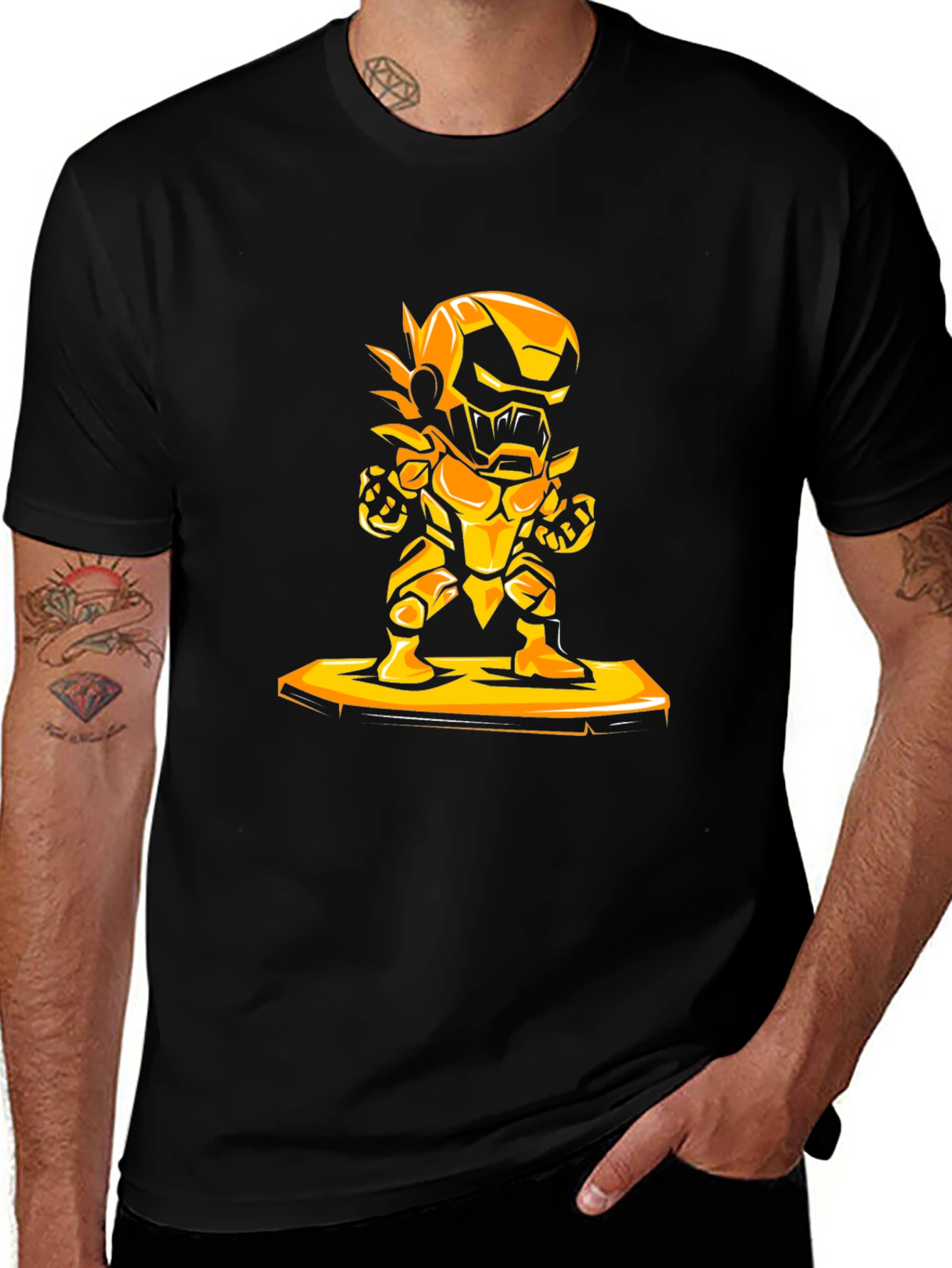 Variant 13 of Heroic Gold Robot Graphic Black T-Shirt