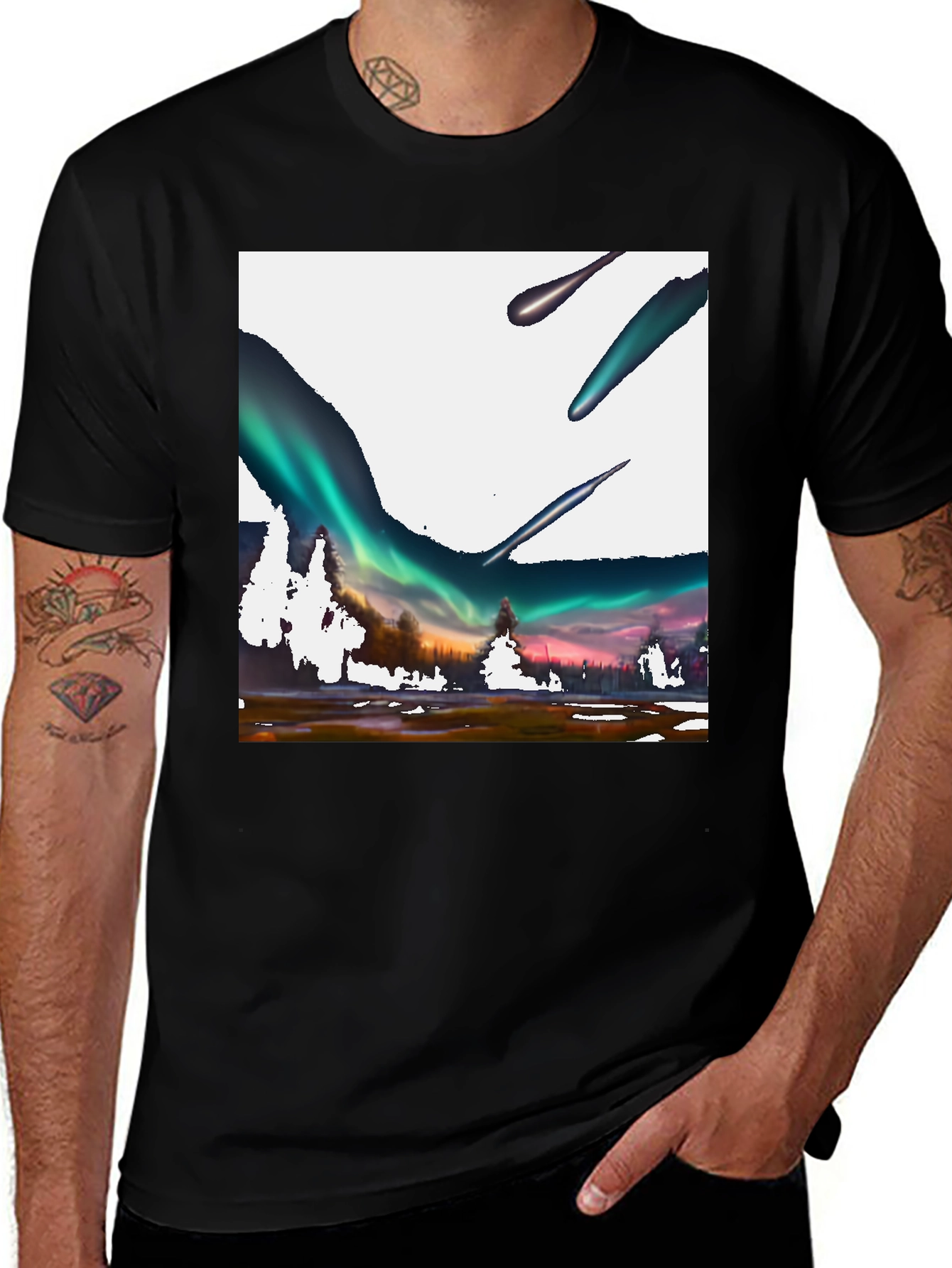 Variant 28 of Aurora Meteor Shower Graphic Tee - Black Cotton T-Shirt