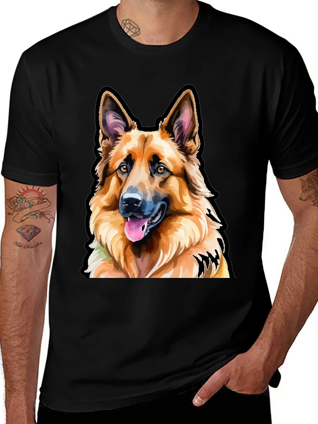 German Shepherd Dog Graphic Tee - Men's Black T-Shirt