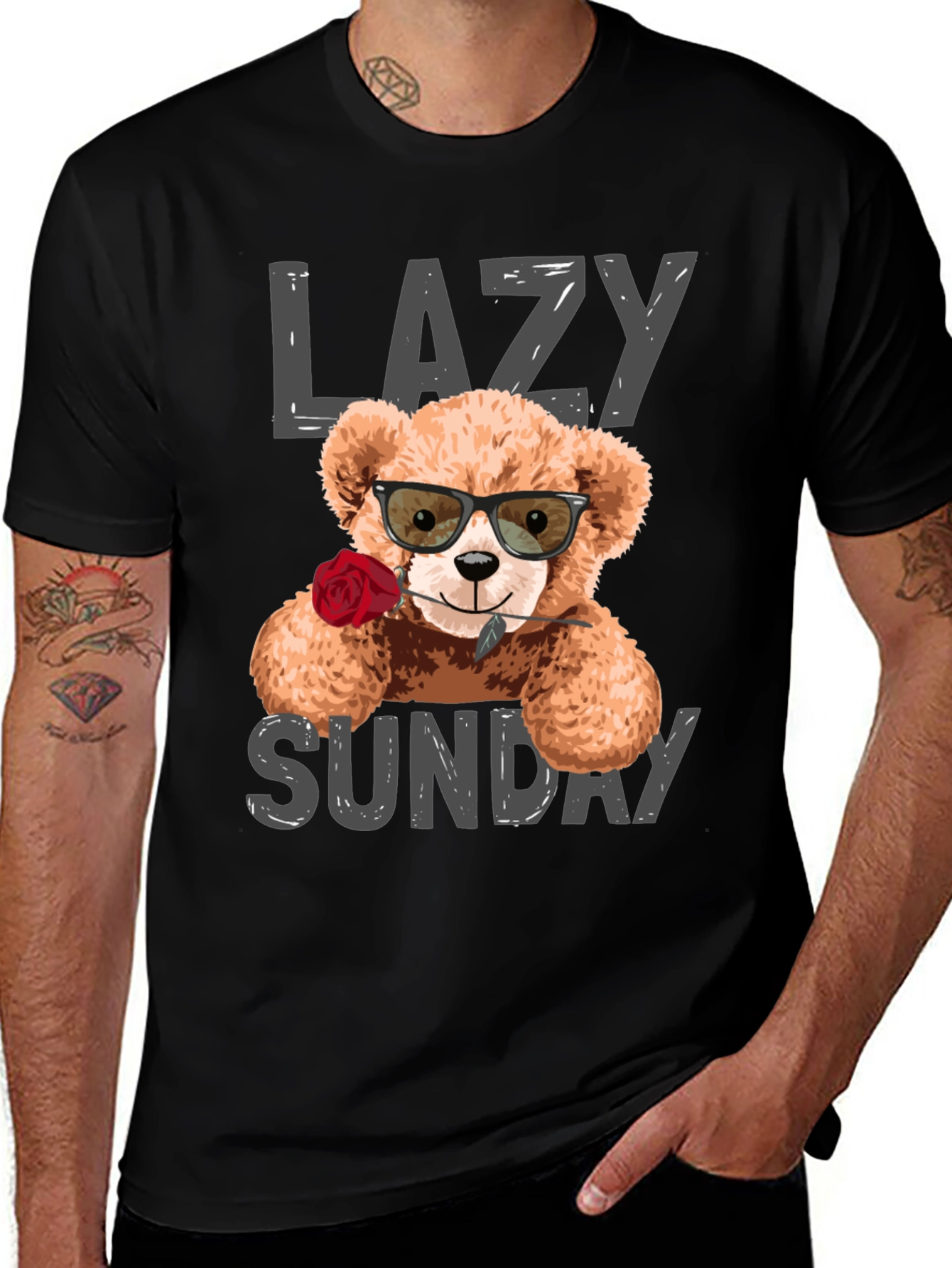 Lazy Sunday Teddy Bear Graphic T-Shirt - Men's Black Tee