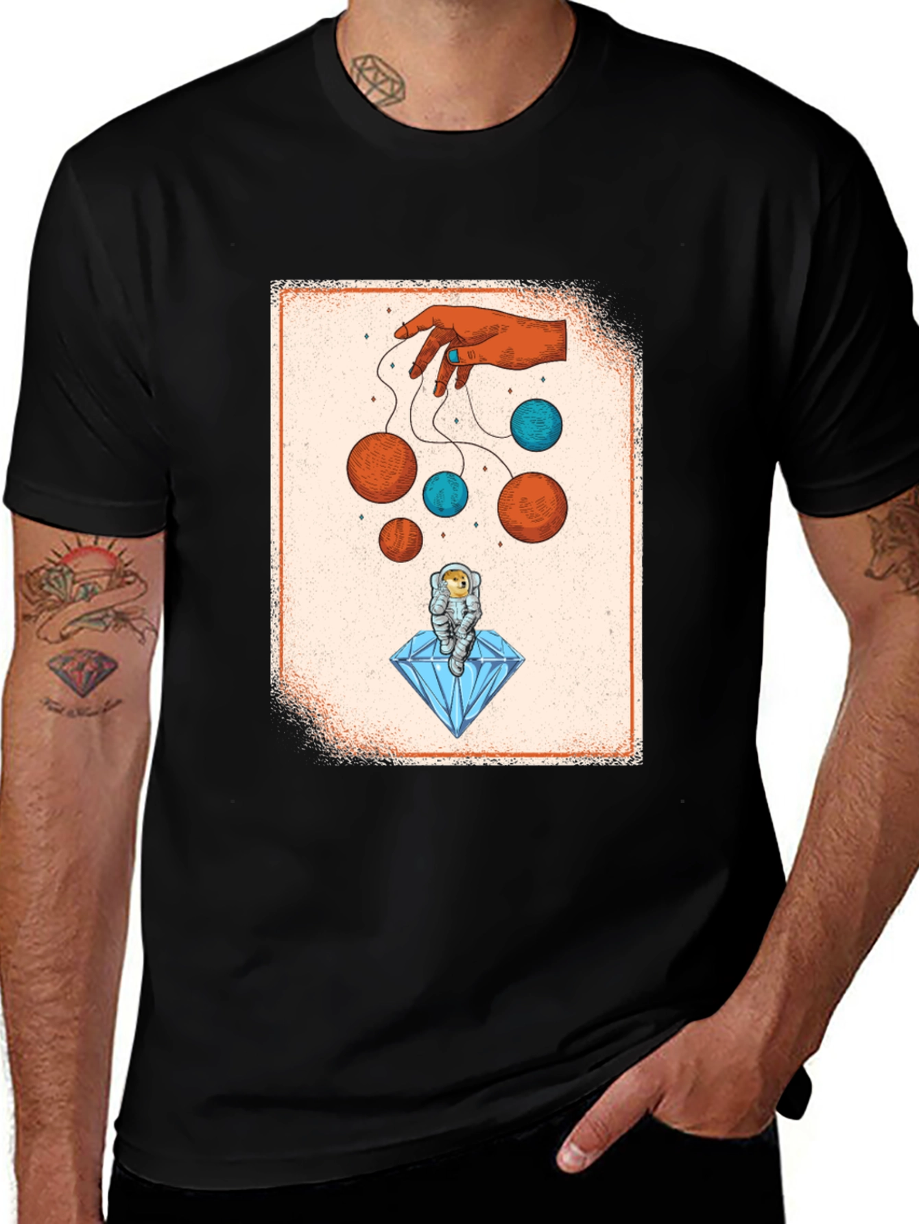 Black Astronaut on Diamond T-Shirt - Cosmic Puppet Master Design main image