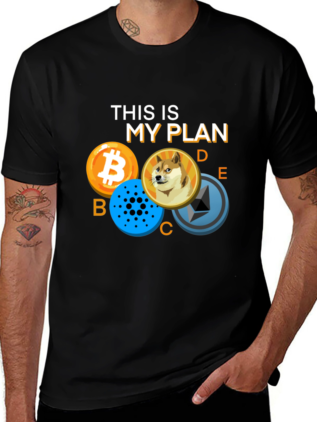 Variant 11 of Crypto Plan T-Shirt: Bitcoin, Dogecoin, Cardano, Ethereum