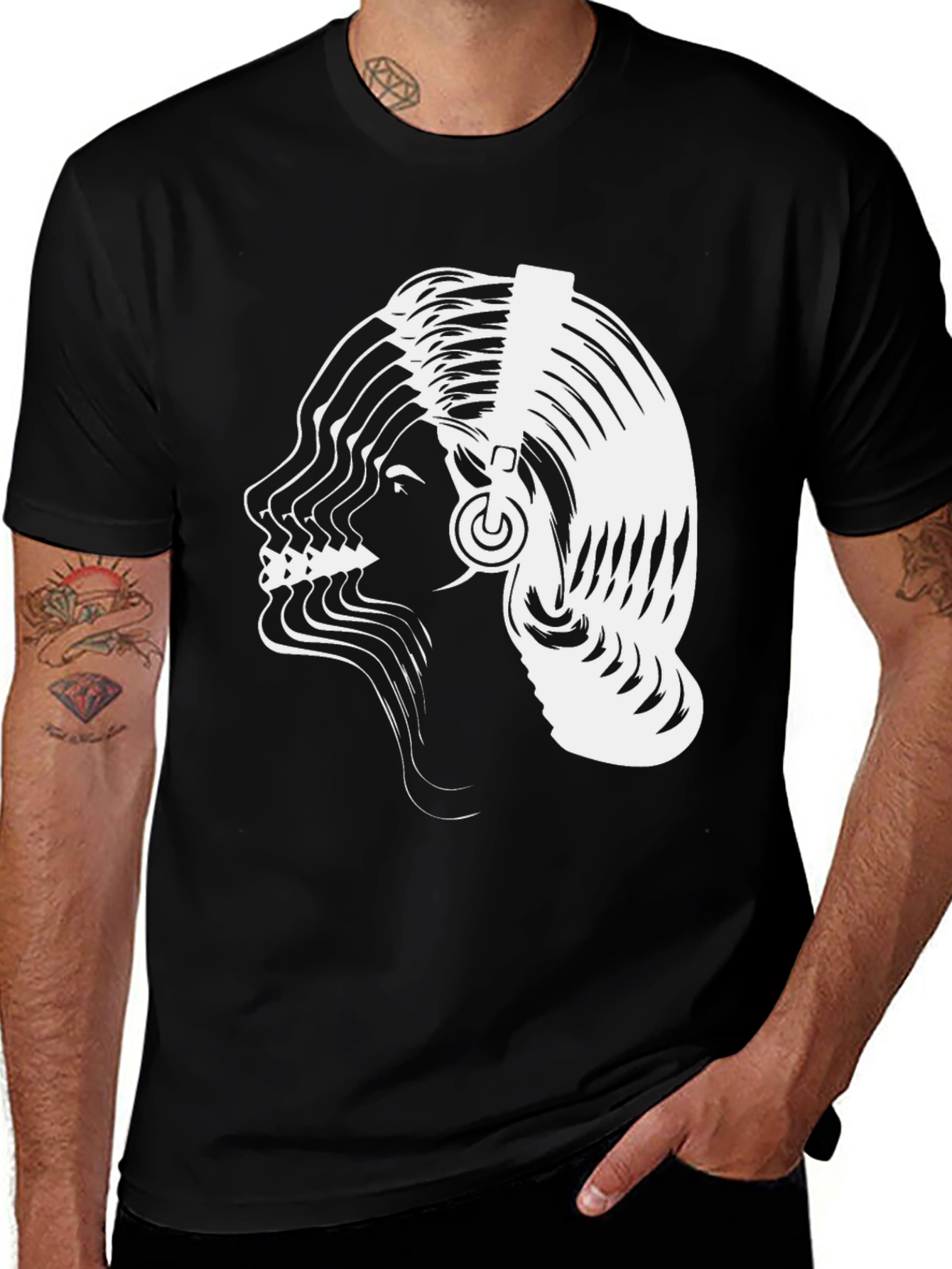 Variant 26 of Abstract Woman Headphones Graphic Tee - Black Cotton Blend
