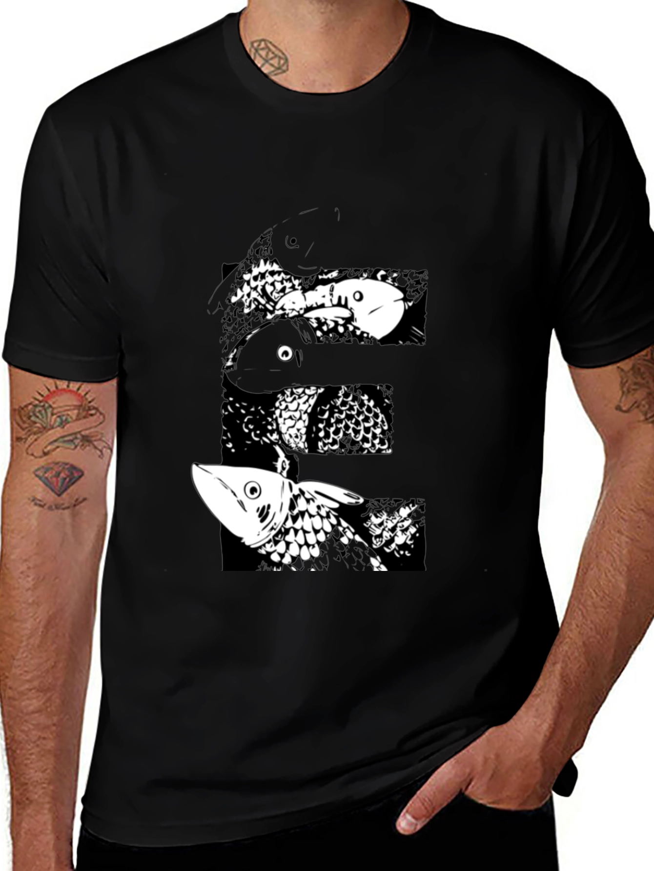 Variant 12 of Black T-Shirt with Abstract Fish Design