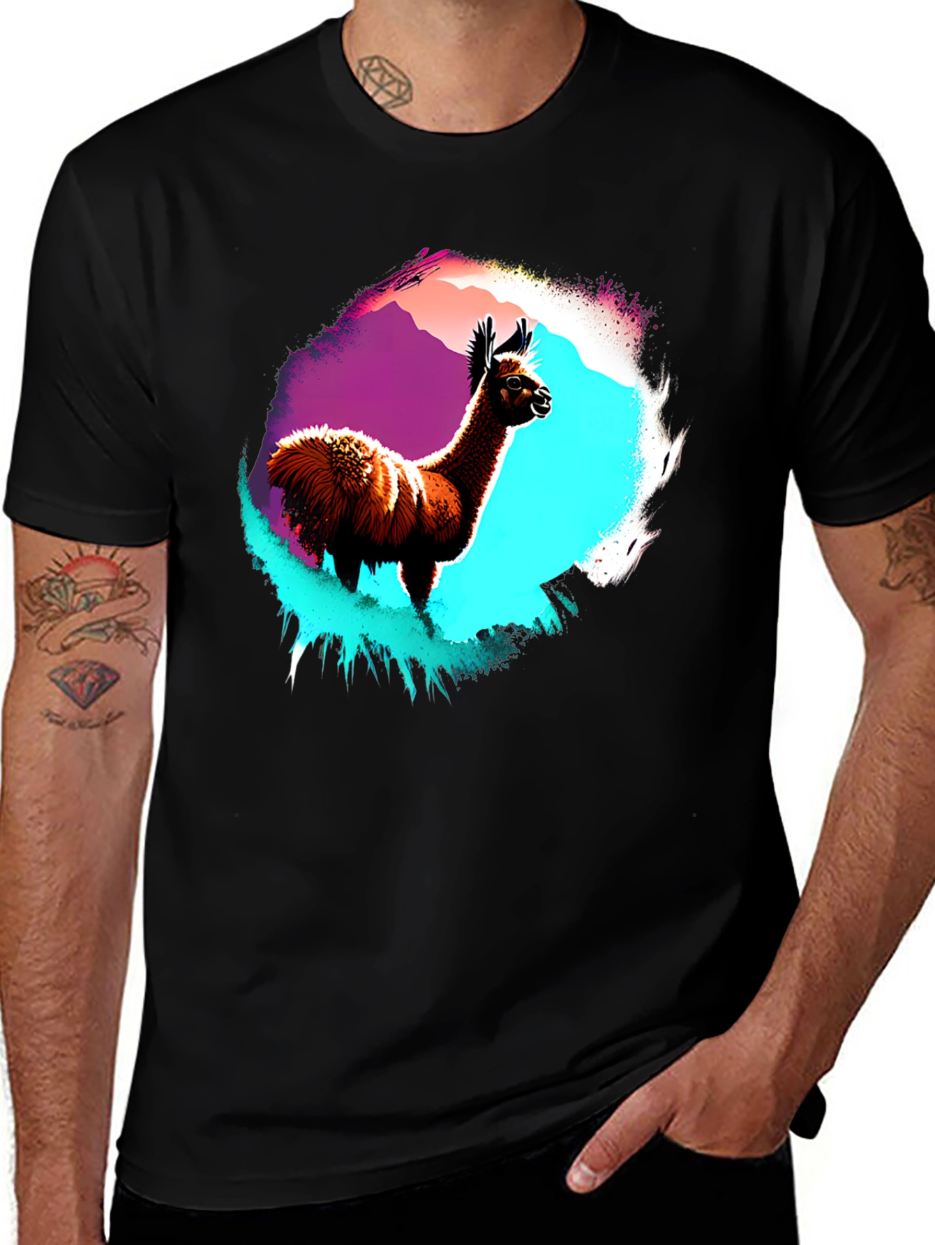 Variant 6 of Llama Graphic T-Shirt - Men's Black Crew Neck Tee