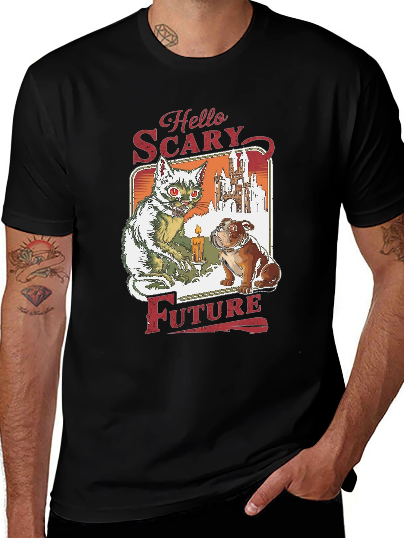 Variant 21 of Hello Scary Future T-Shirt: Cat, Dog, Castle