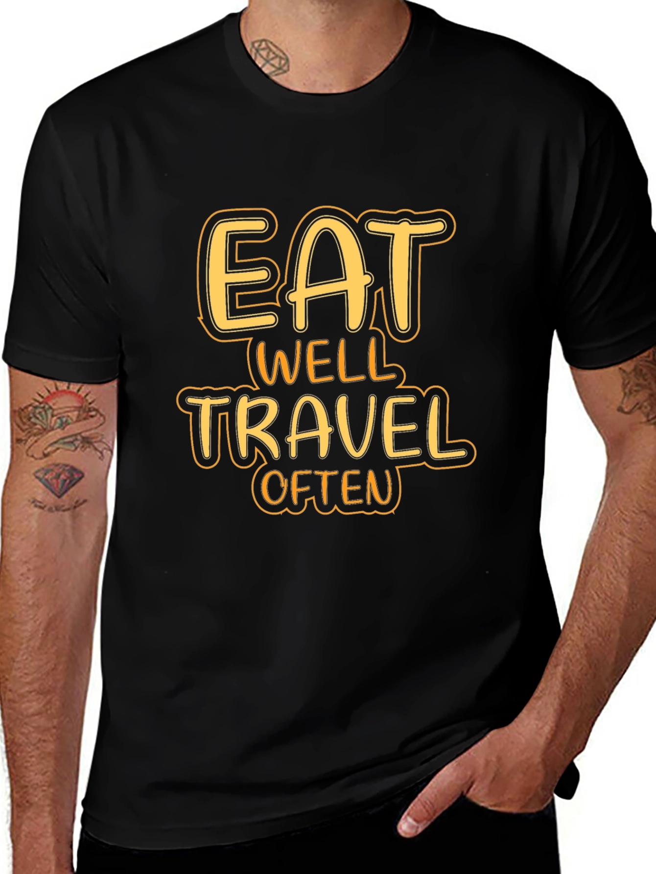 Variant 23 of Eat Well Travel Often Black Graphic Tee