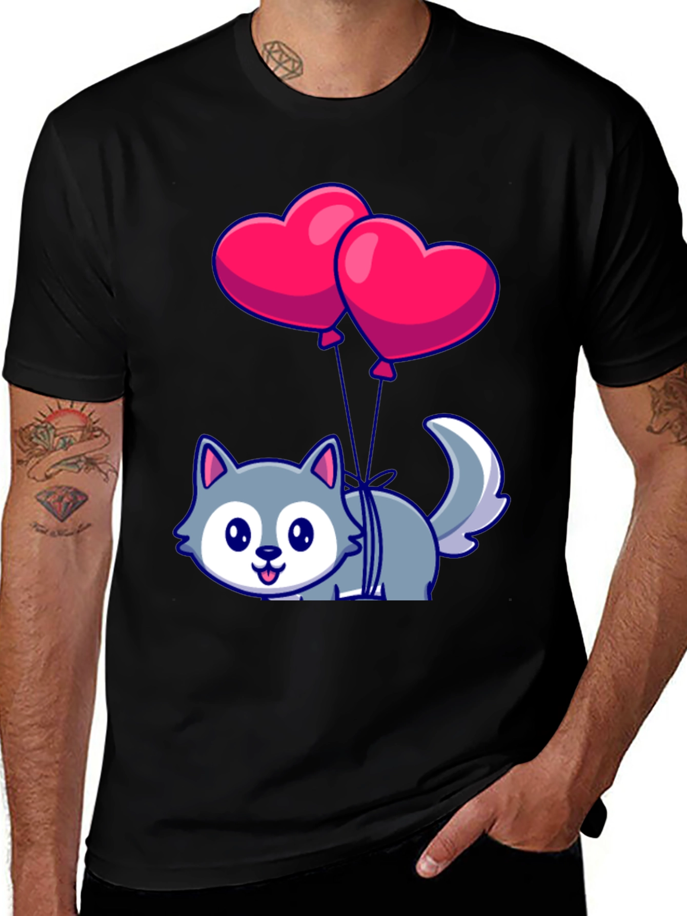 Variant 29 of Cute Wolf with Heart Balloons Graphic Tee