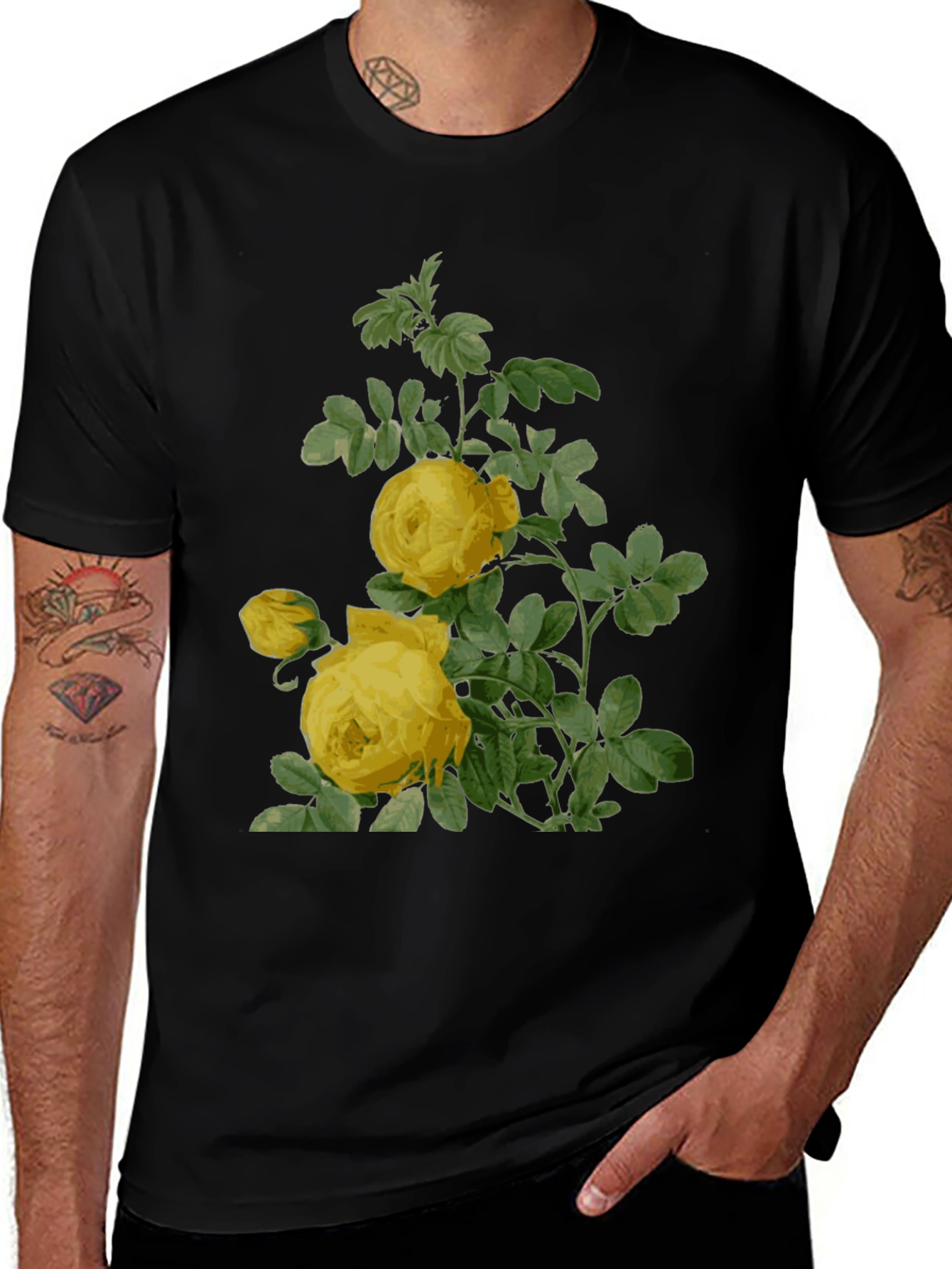 Variant 25 of Botanical Yellow Rose Print Black T-Shirt