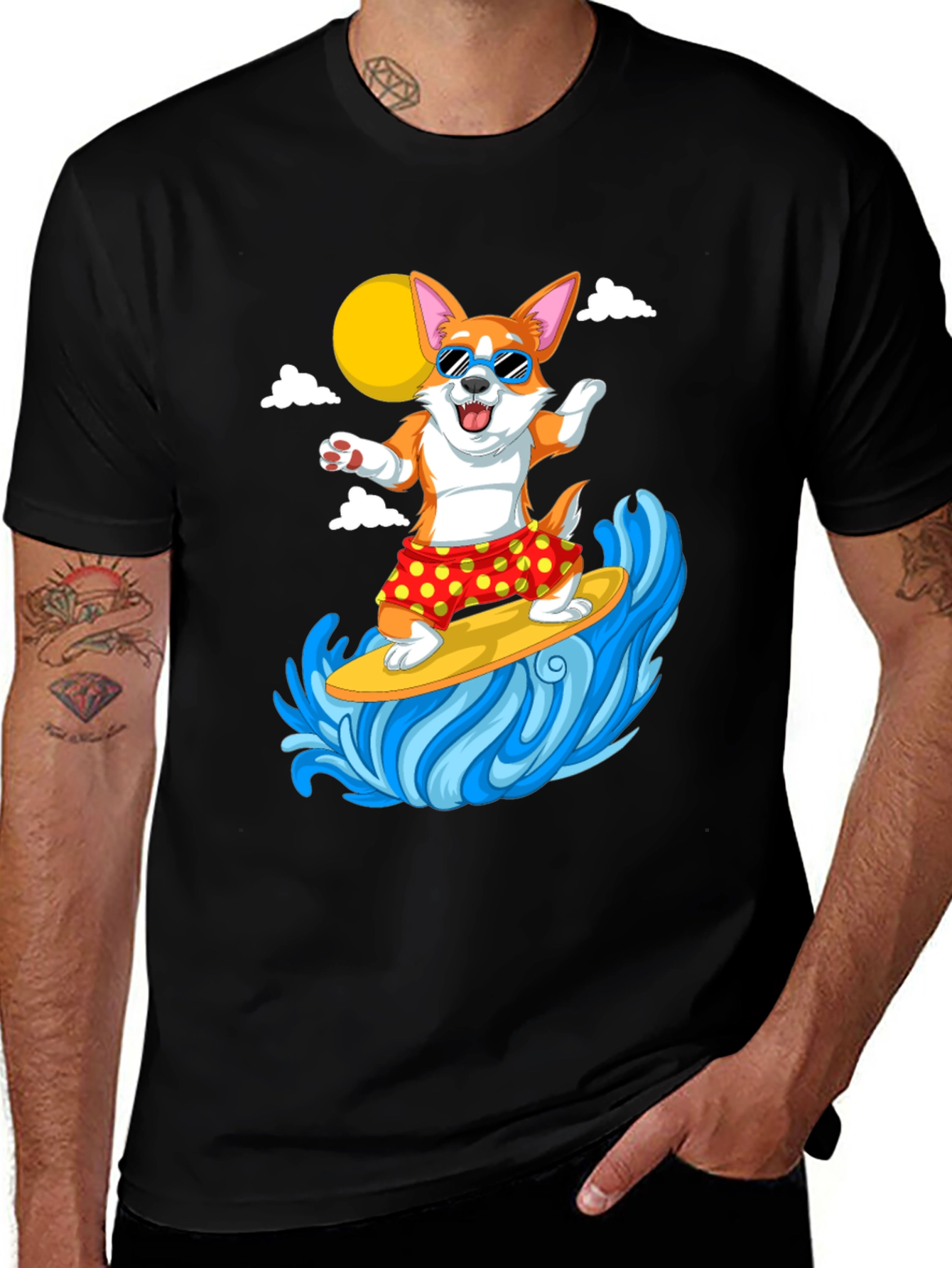 Surfing Corgi Graphic Tee - Black Cotton T-Shirt