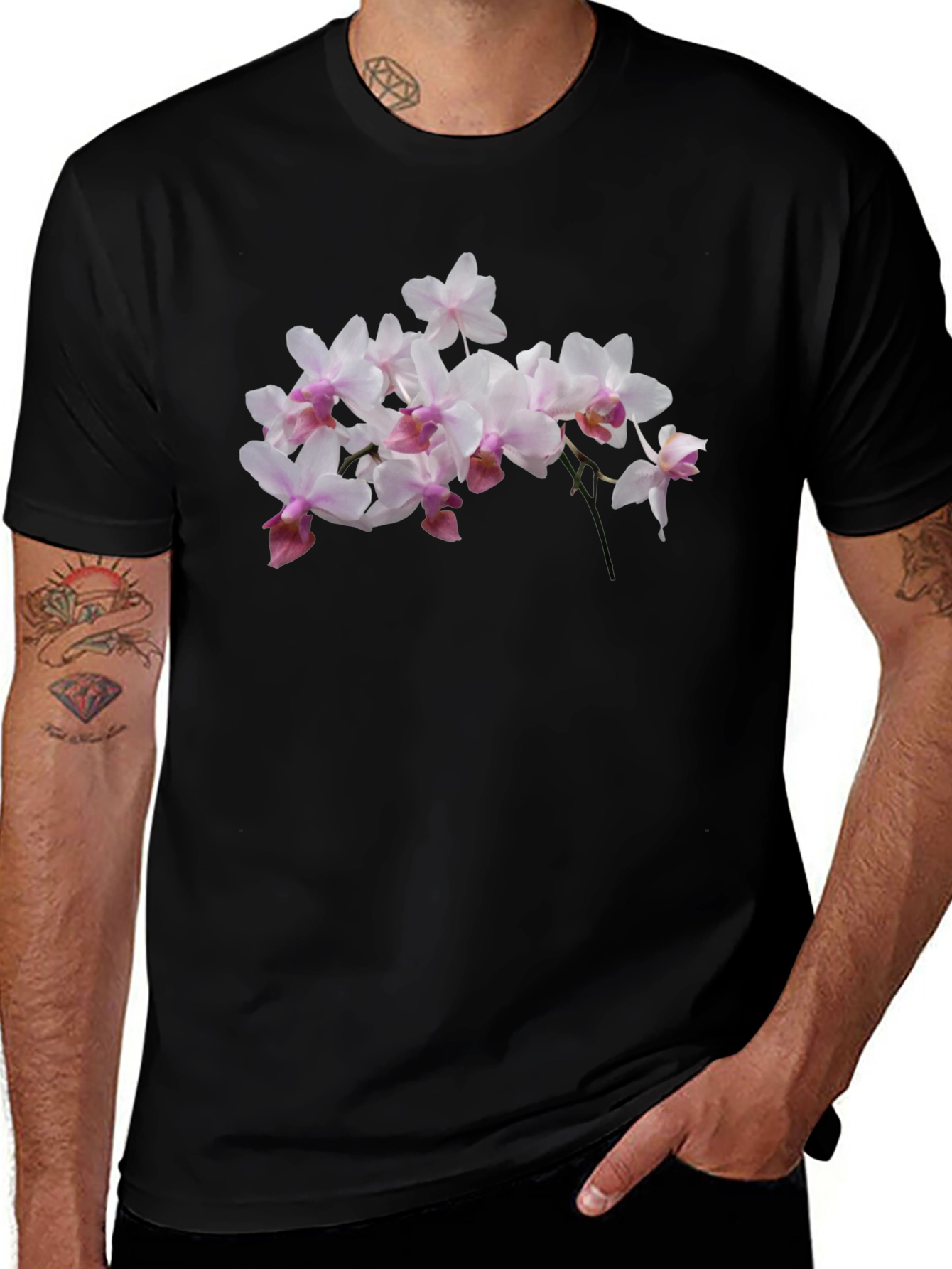 Floral Orchid Print Black T-Shirt