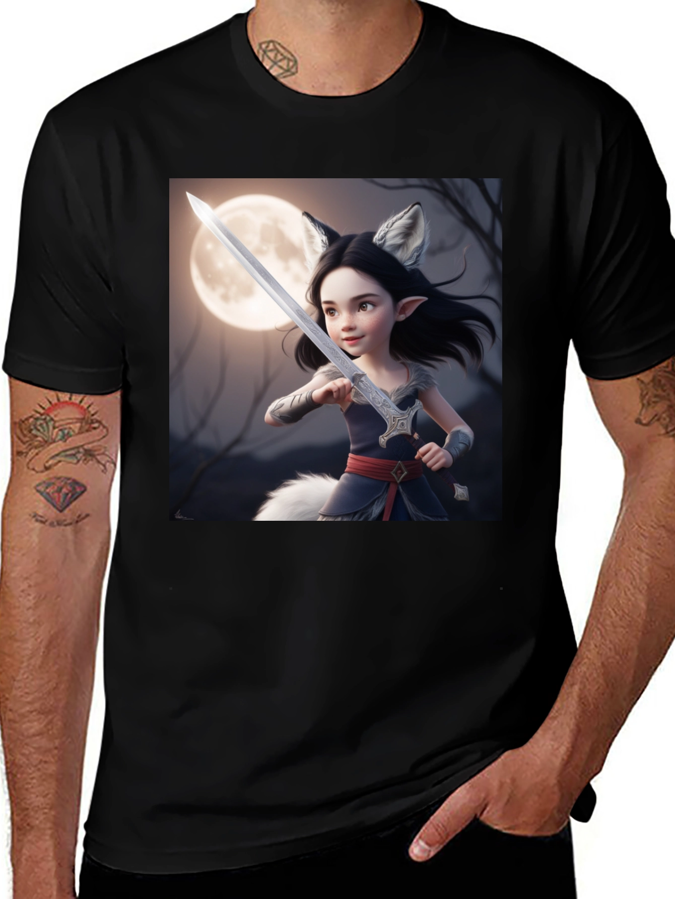 Variant 10 of Fantasy Warrior Girl T-Shirt - Black Cotton Tee