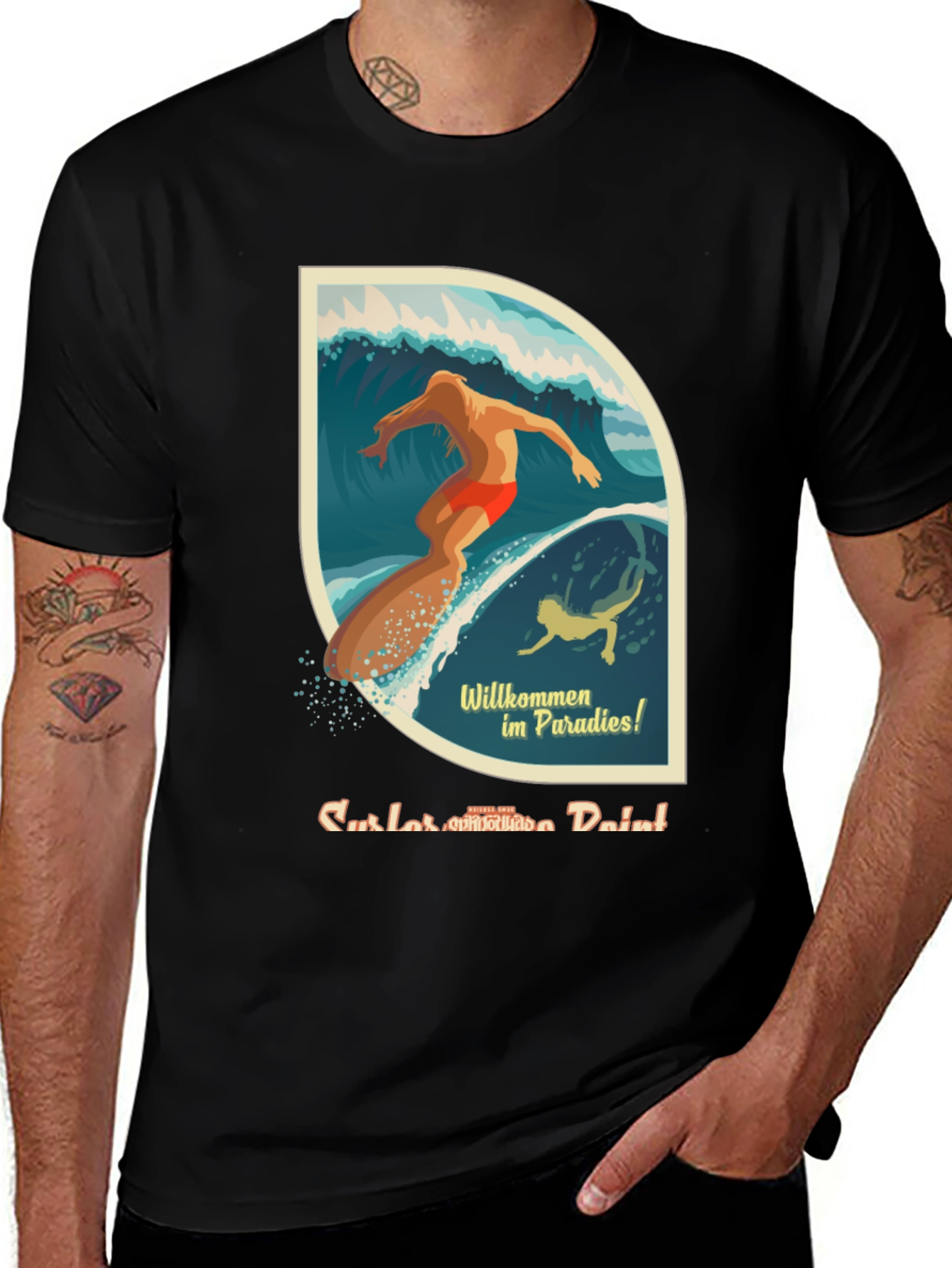 Variant 7 of Retro Surfing Paradise Graphic Tee - Men's Black T-Shirt