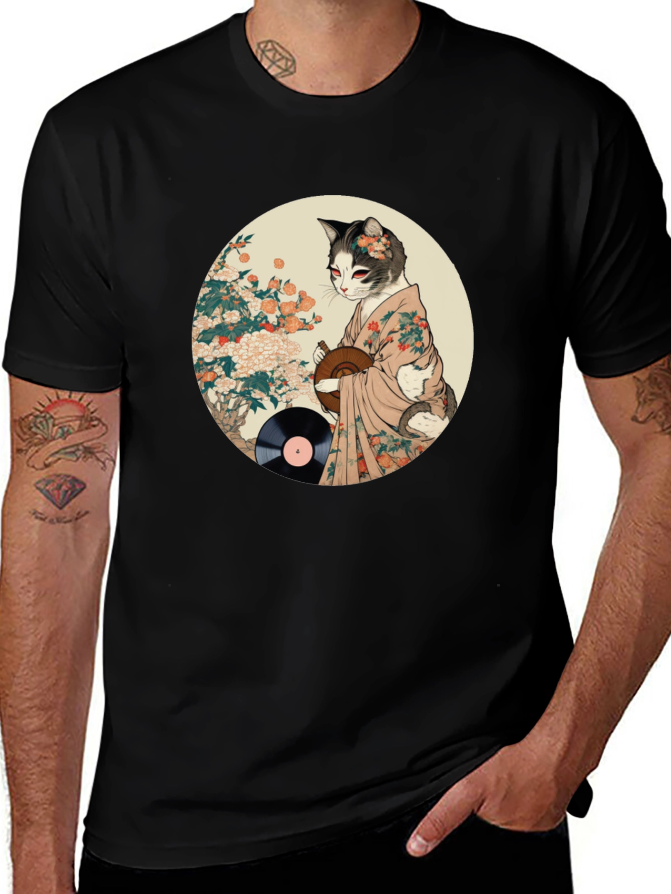 Cat in Kimono Black T-Shirt