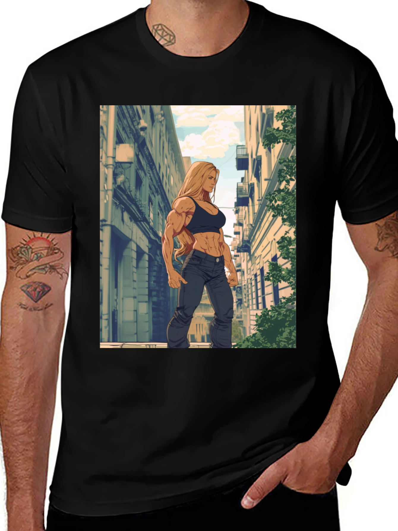 Variant 17 of Street Power Tee: Muscle Woman Cartoon Design