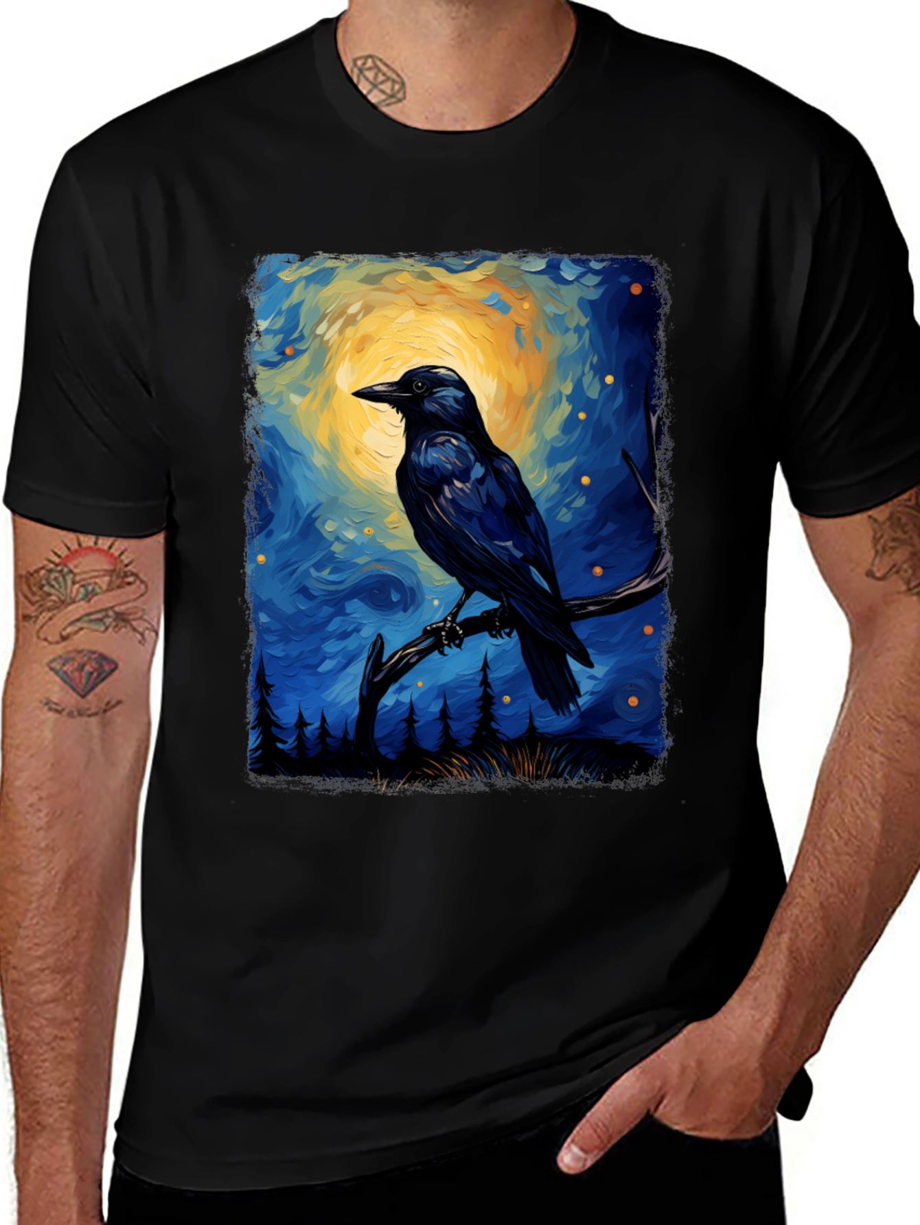 Raven Night Sky Graphic Tee - Men's Black Cotton T-Shirt