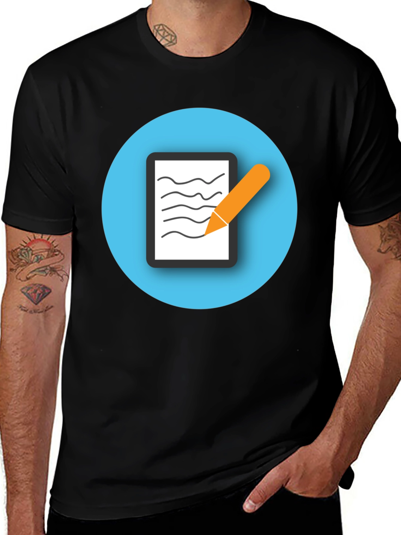 Variant 30 of Men's Black T-Shirt with Writing Pad Graphic