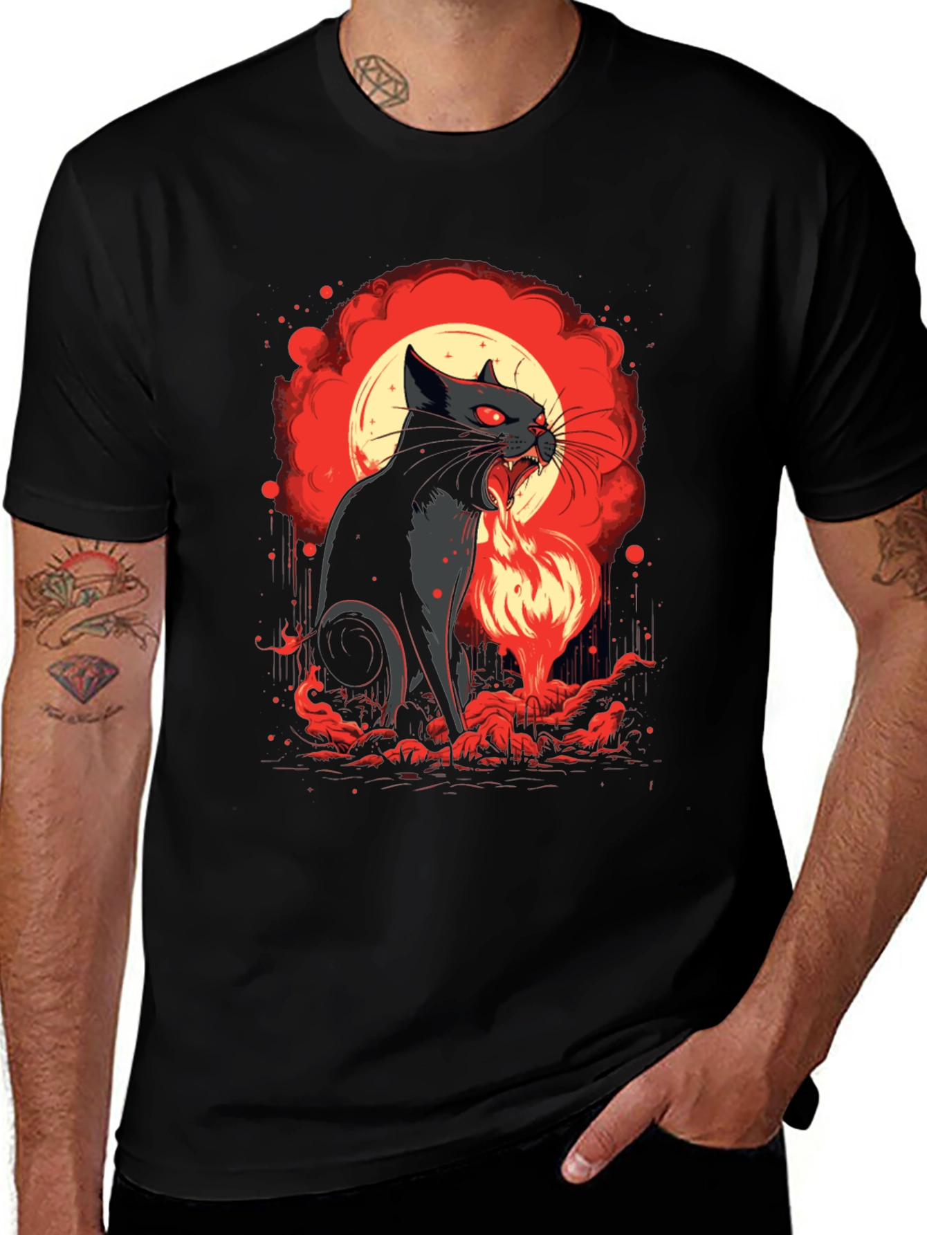 Fiery Feline T-Shirt - Black Cat Design